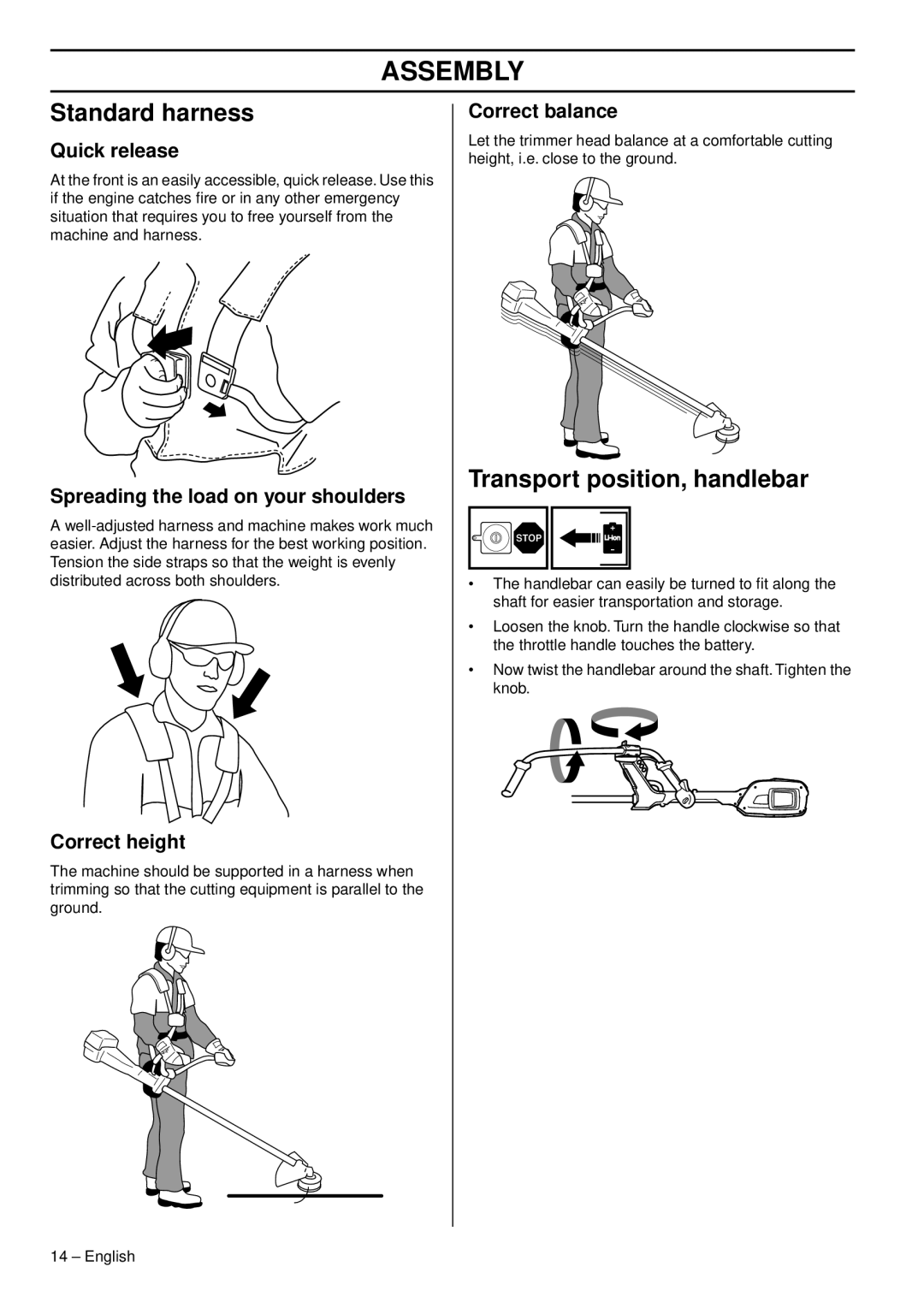 Husqvarna 536 LIR, 536 LIL manual Standard harness, Transport position, handlebar 