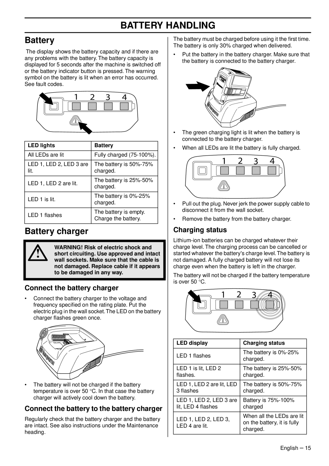 Husqvarna 536 LIL, 536 LIR manual Battery Handling, Battery charger 