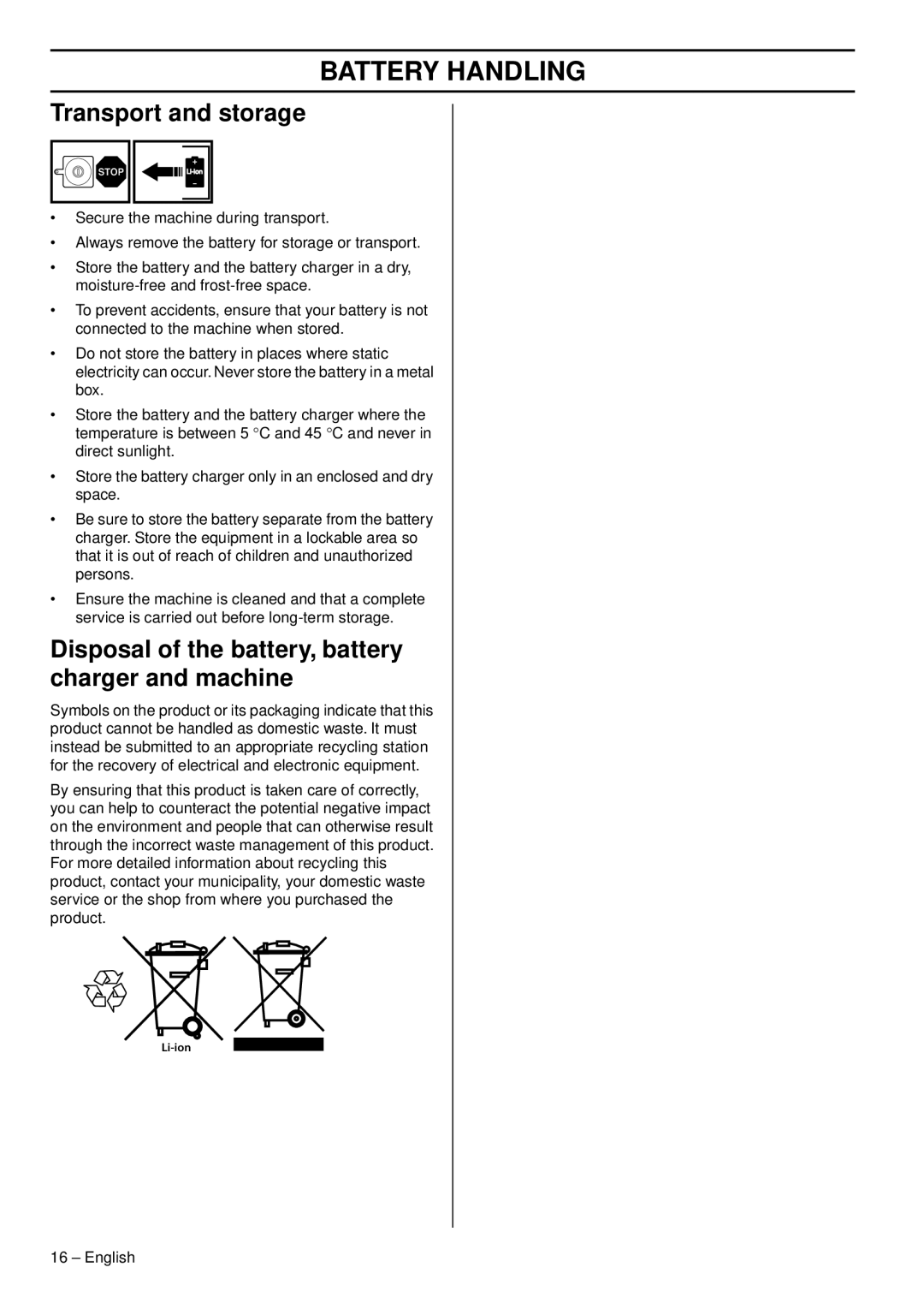 Husqvarna 536 LIR, 536 LIL manual Transport and storage, Disposal of the battery, battery charger and machine 