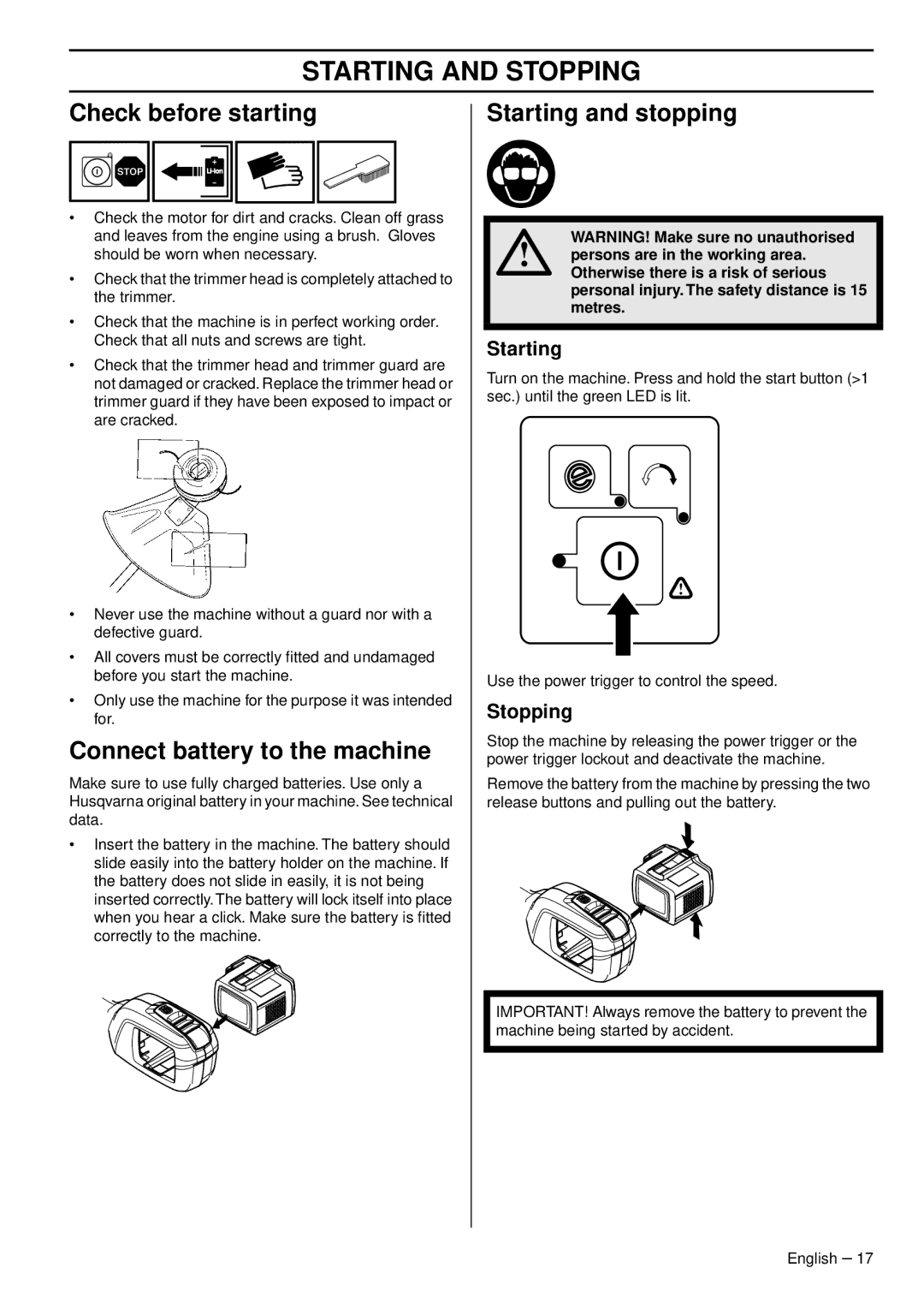 Husqvarna 536 LIL Starting and Stopping, Check before starting, Connect battery to the machine, Starting and stopping 