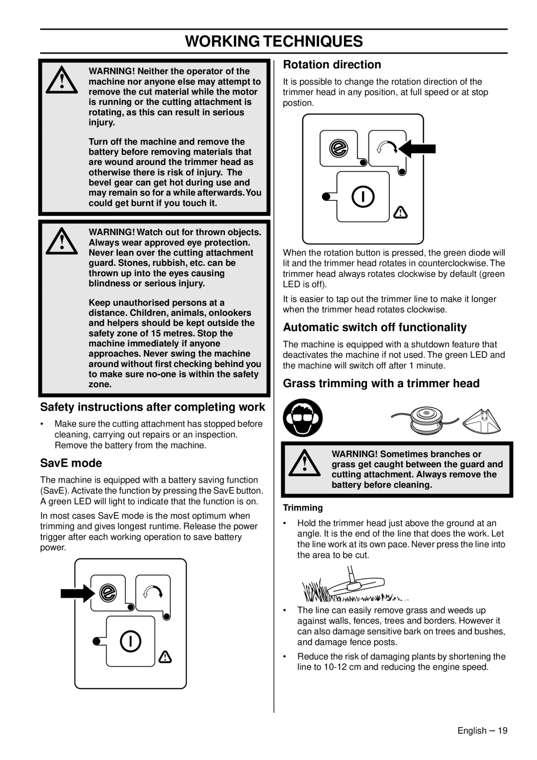 Husqvarna 536 LIL, 536 LIR manual Safety instructions after completing work, SavE mode, Rotation direction 