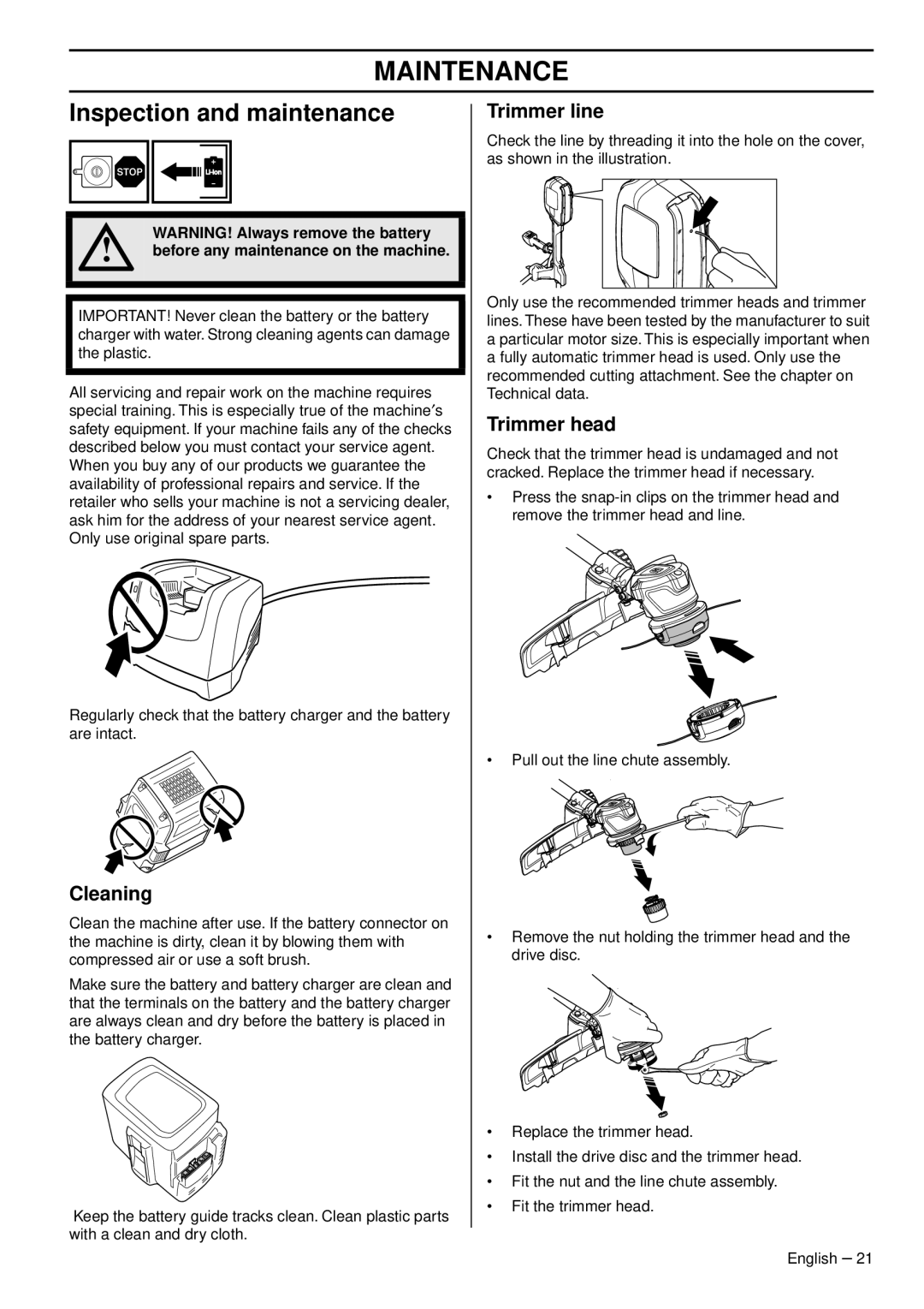 Husqvarna 536 LIL, 536 LIR manual Maintenance, Inspection and maintenance, Cleaning, Trimmer line 