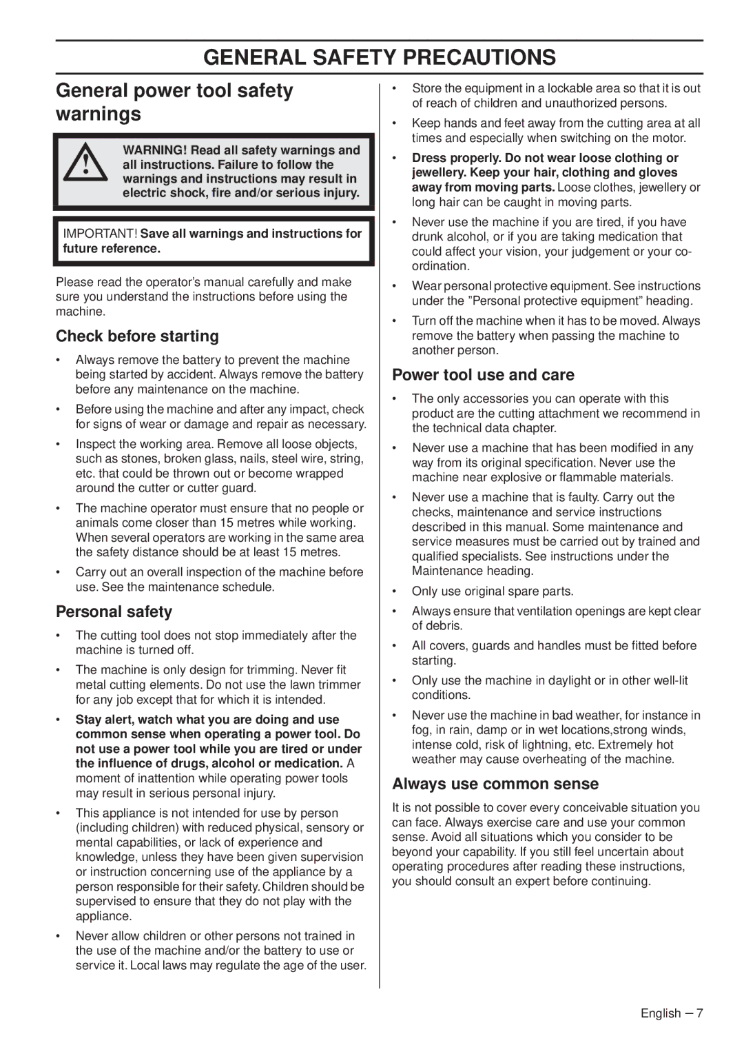 Husqvarna 536 LIL, 536 LIR manual General Safety Precautions, General power tool safety warnings 