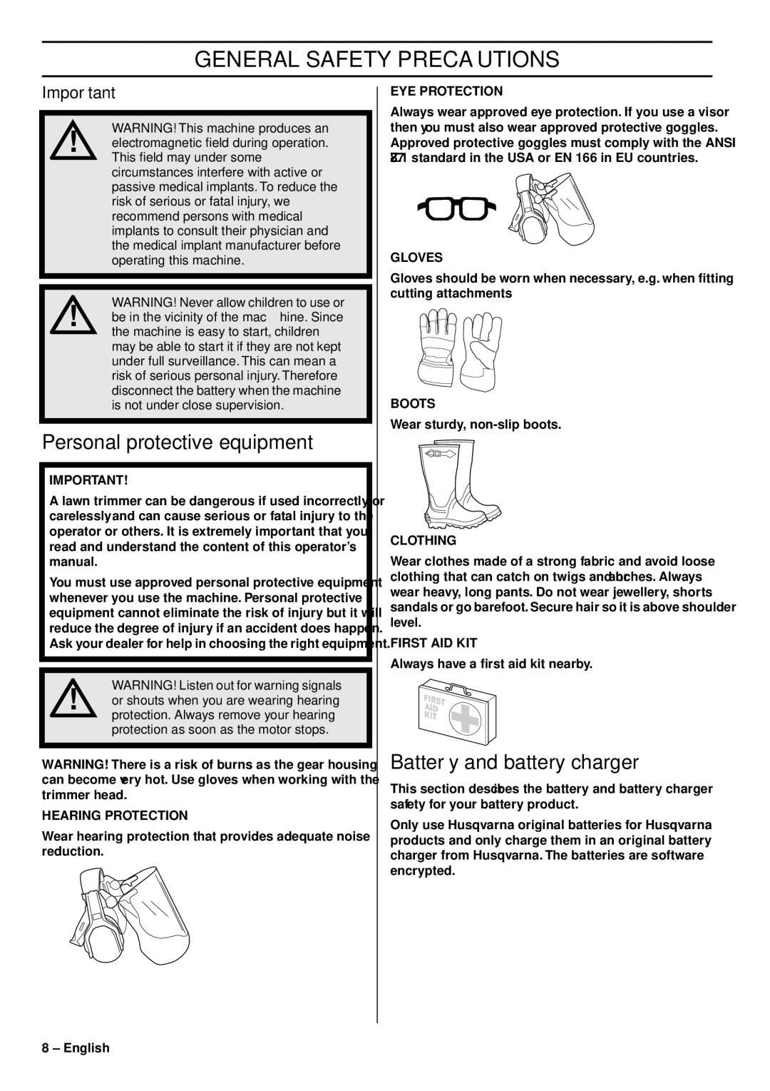 Husqvarna 536 LIR, 536 LIL manual Personal protective equipment, Battery and battery charger 