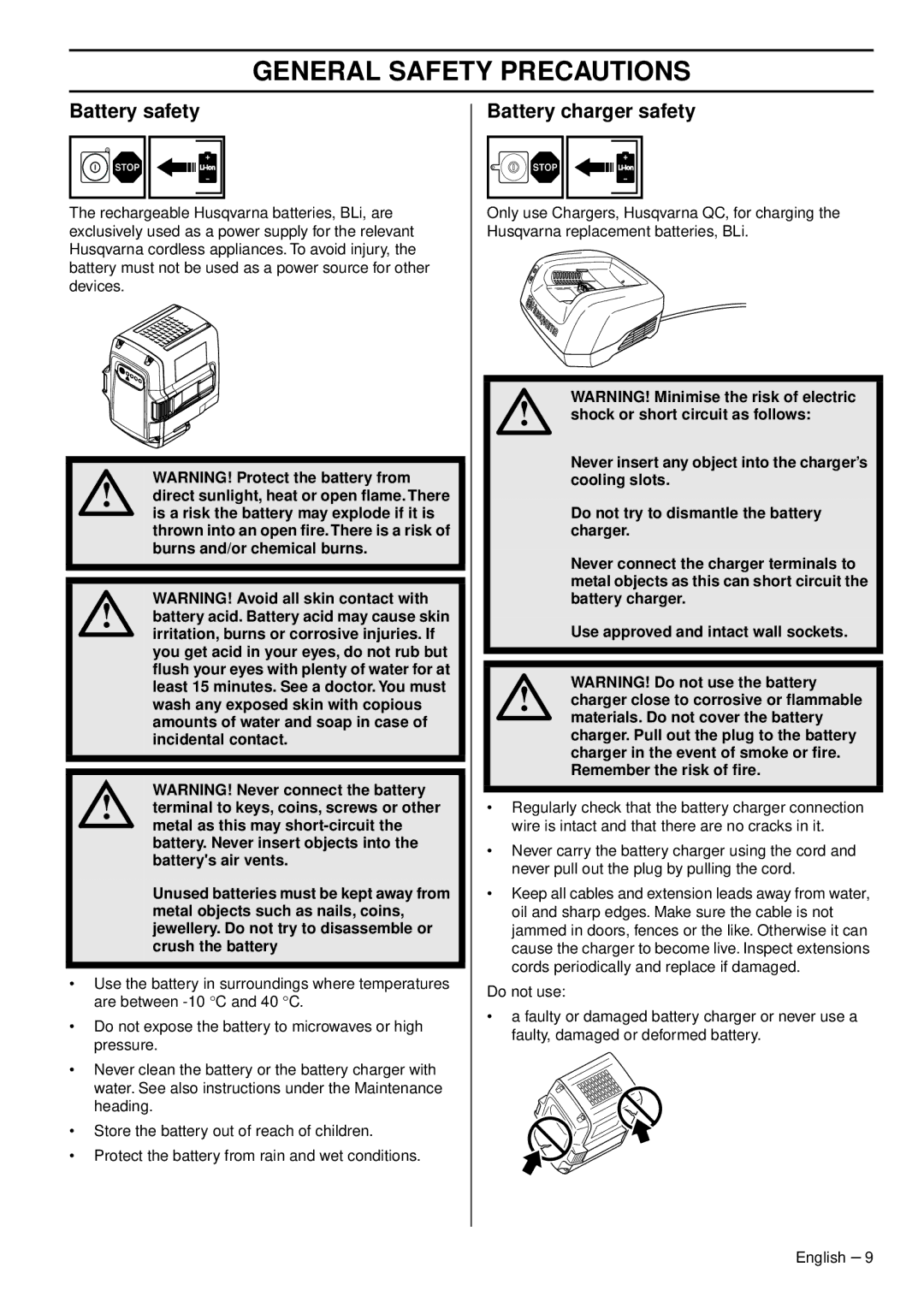 Husqvarna 536 LIL, 536 LIR manual Battery safety, Battery charger safety 