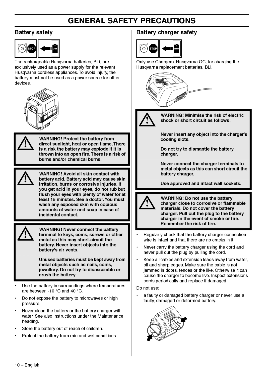 Husqvarna 536LiHD70X, 536LiHD60X manual Battery safety, Battery charger safety 