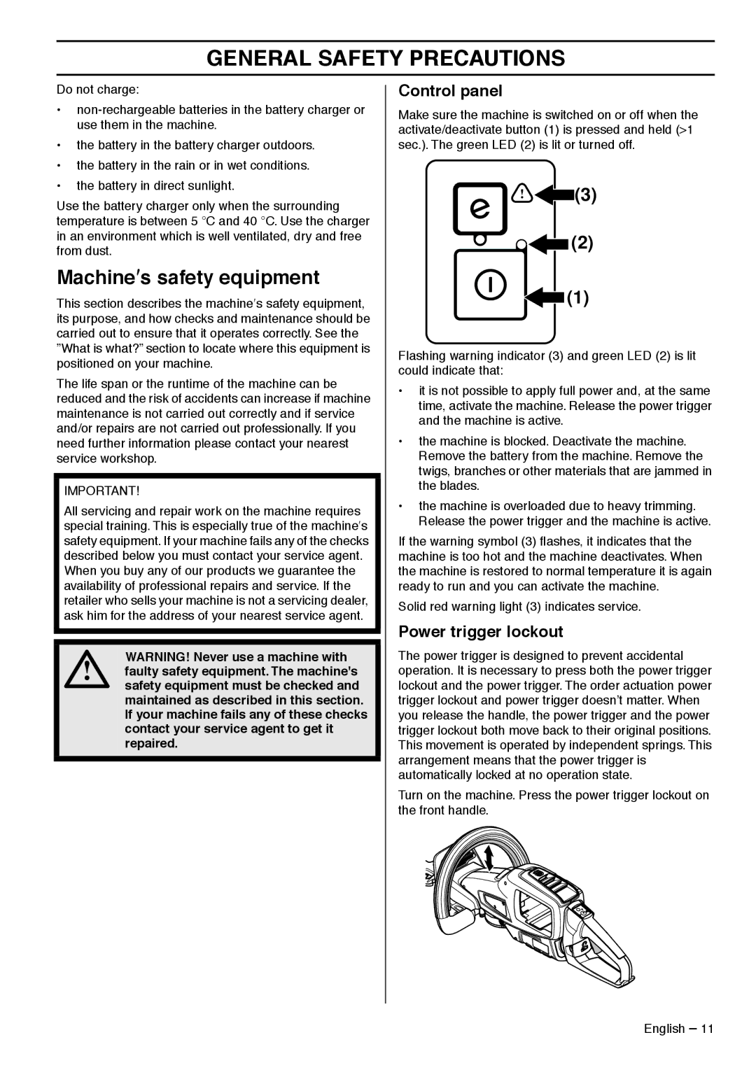 Husqvarna 536LiHD60X, 536LiHD70X manual Machine′s safety equipment, Control panel, Power trigger lockout 