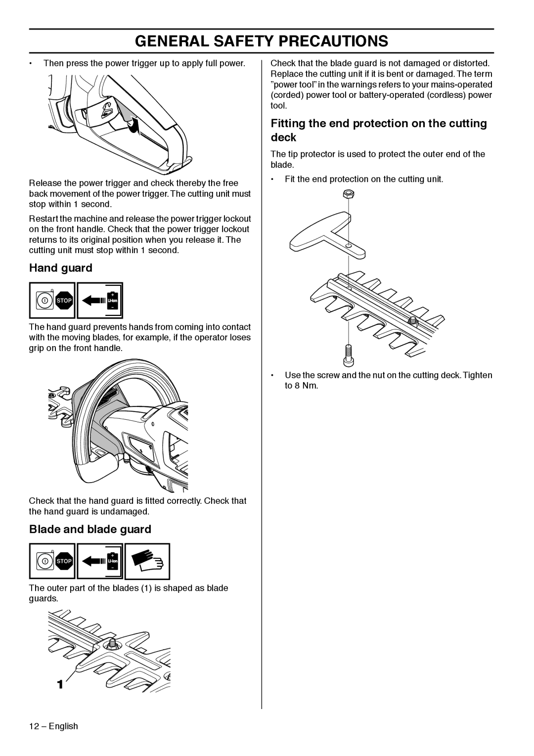 Husqvarna 536LiHD70X, 536LiHD60X manual Hand guard, Blade and blade guard, Fitting the end protection on the cutting deck 