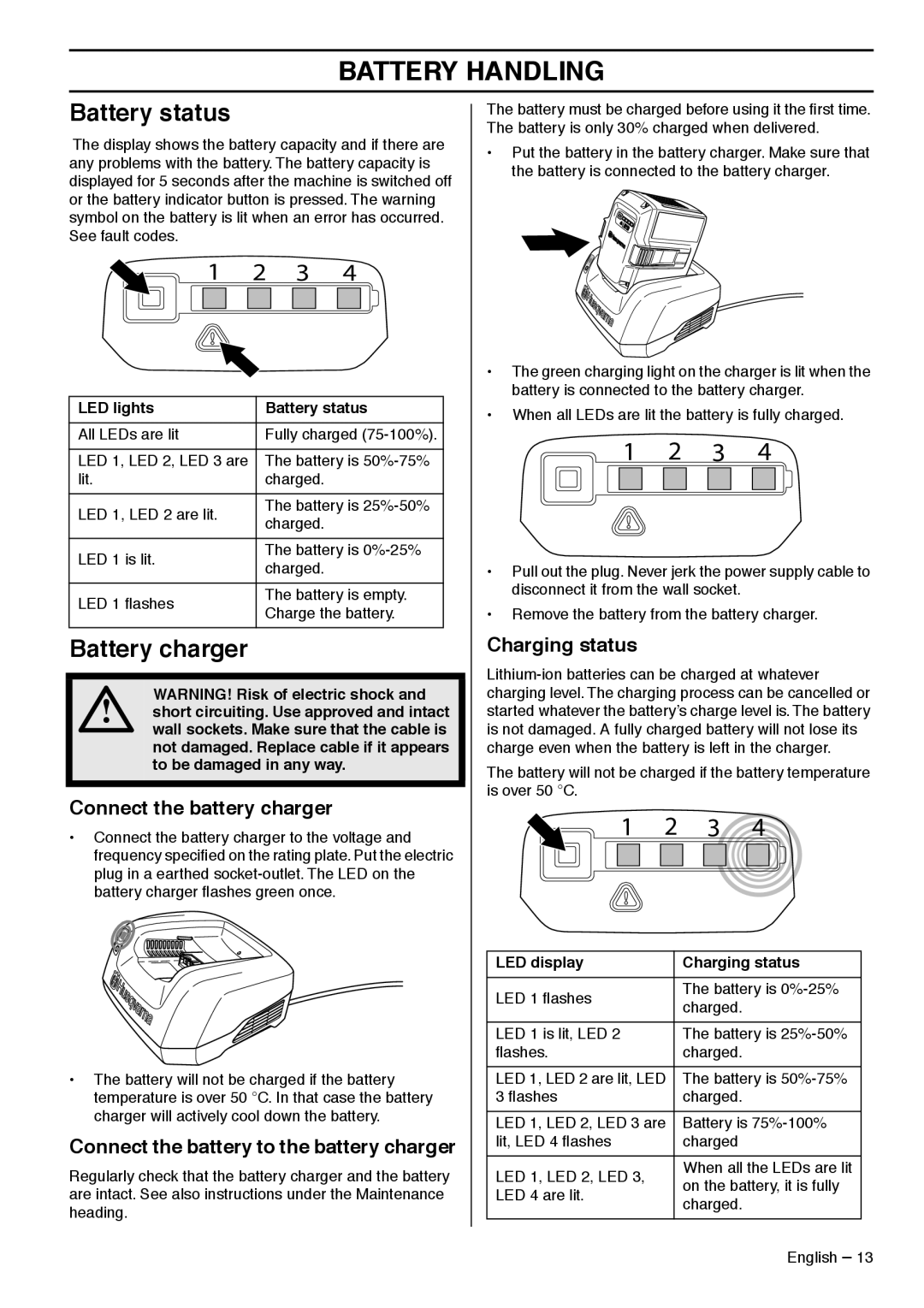 Husqvarna 536LiHD60X, 536LiHD70X manual Battery Handling, Battery status, Battery charger 