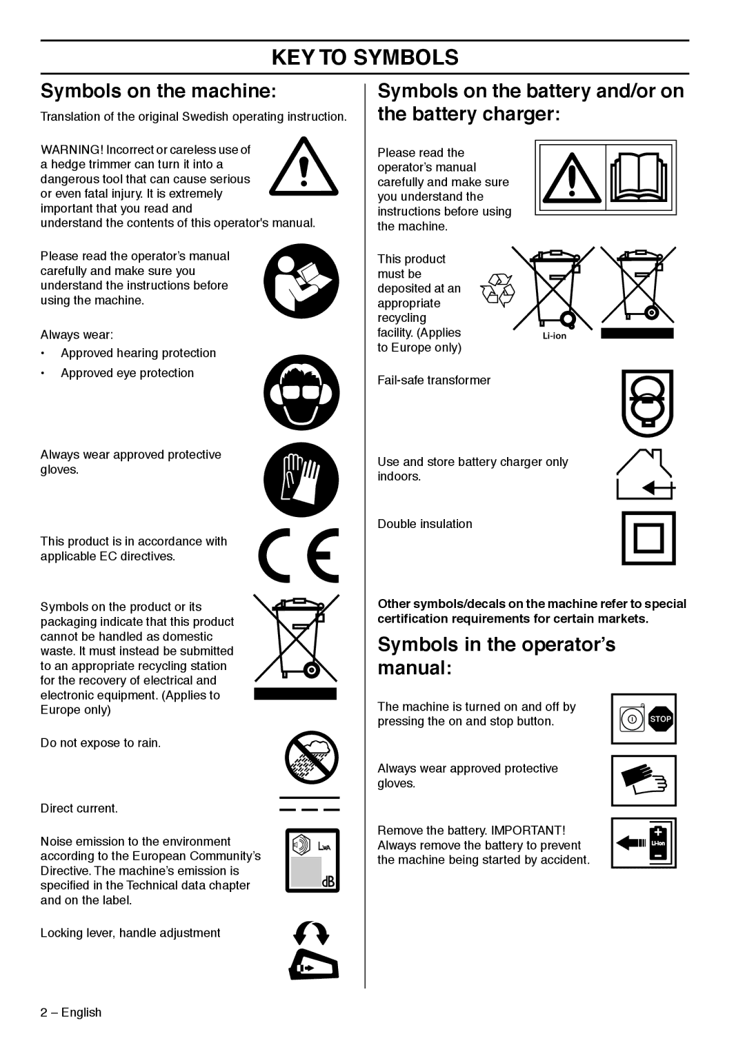 Husqvarna 536LiHD70X manual KEY to Symbols, Symbols on the machine, Symbols on the battery and/or on the battery charger 