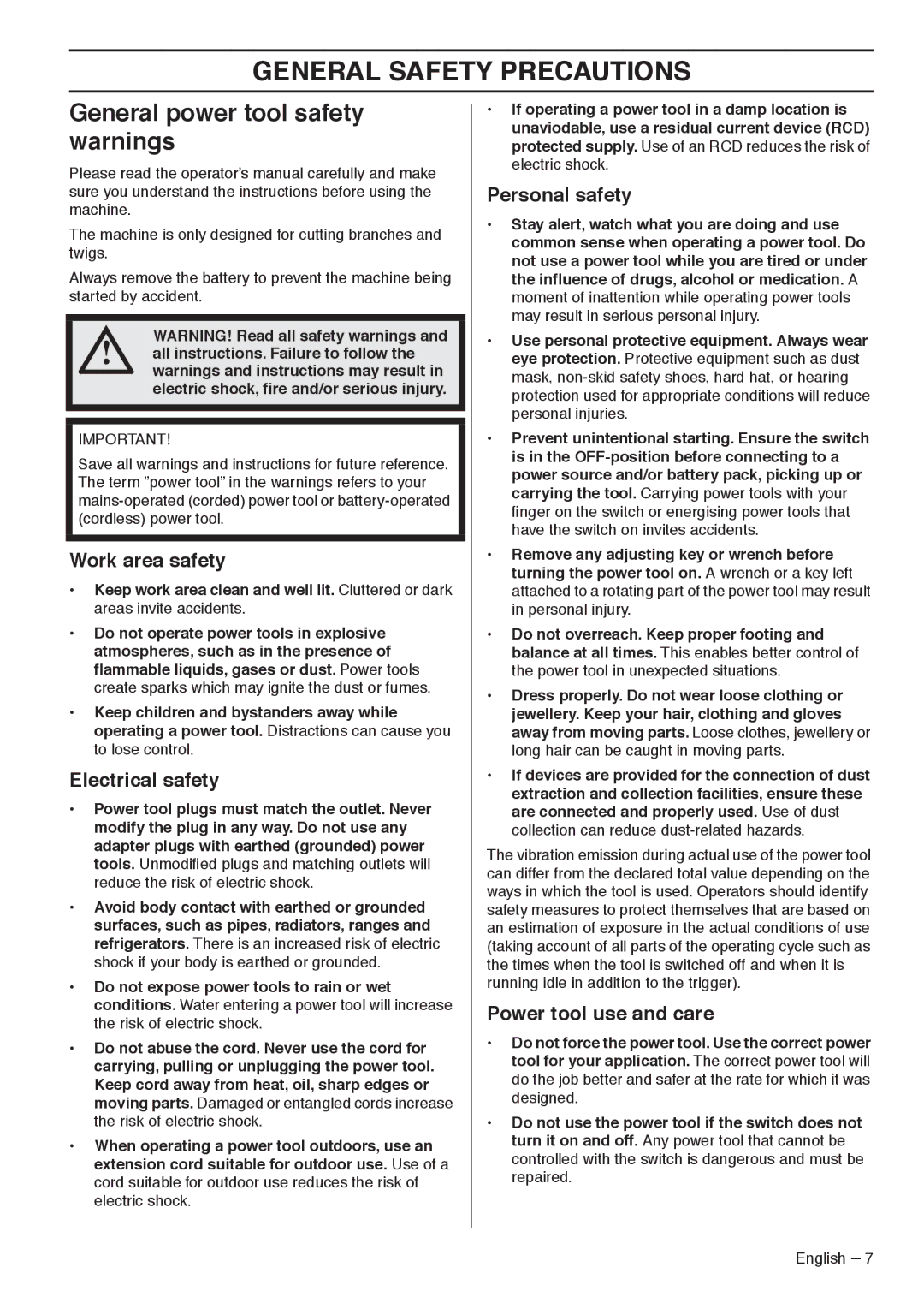 Husqvarna 536LiHD60X, 536LiHD70X manual General Safety Precautions, General power tool safety warnings 