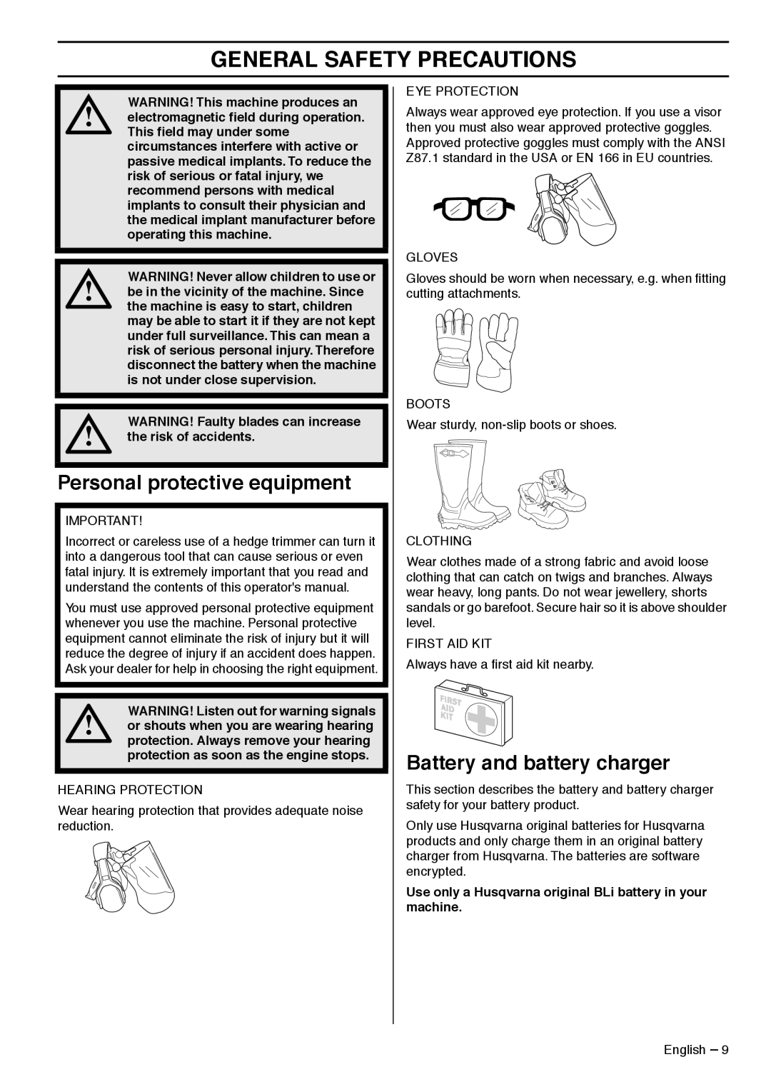 Husqvarna 536LiHD60X, 536LiHD70X manual Personal protective equipment, Battery and battery charger 