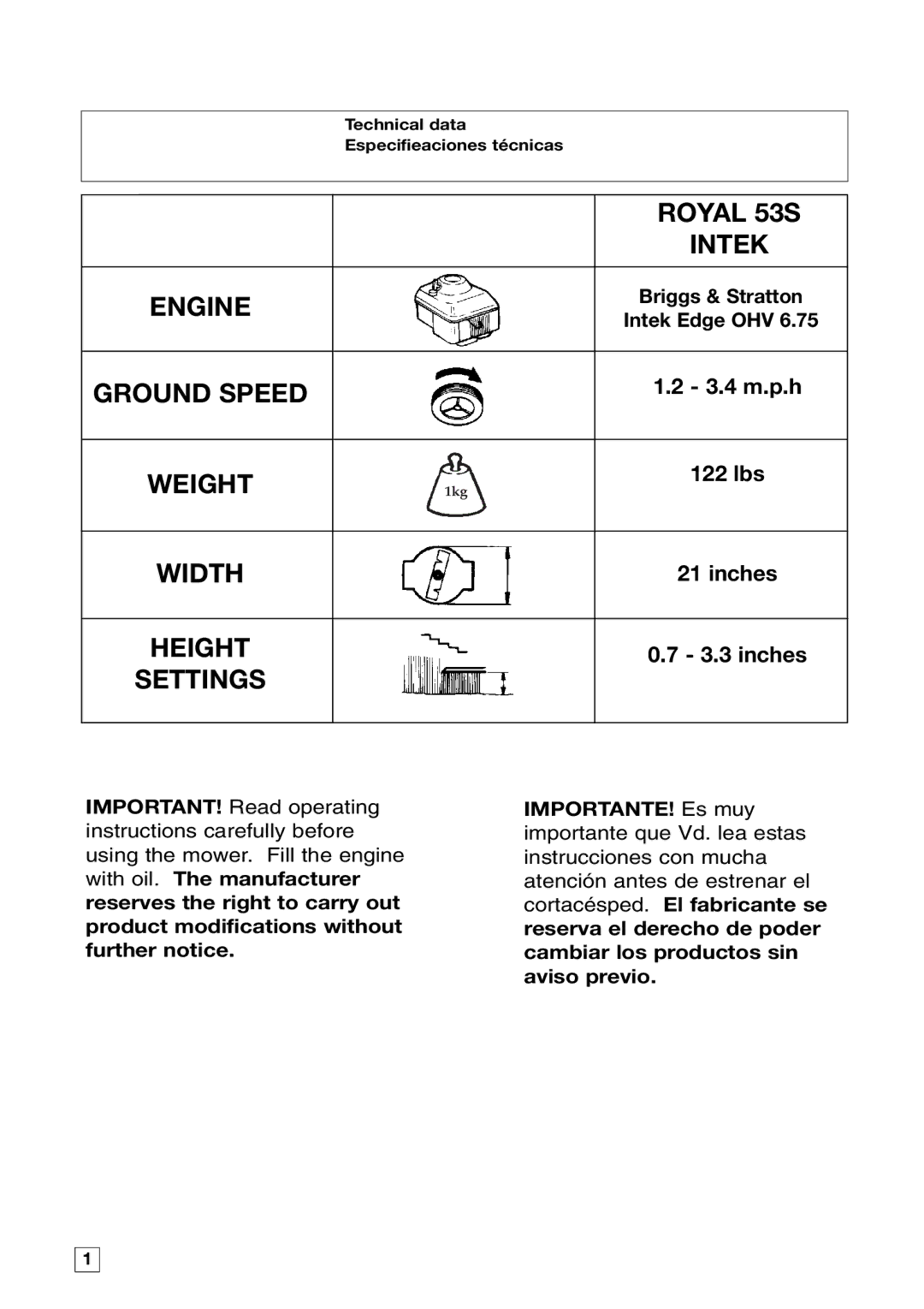 Husqvarna 53S INTEK manual Height, Briggs & Stratton Intek Edge OHV 