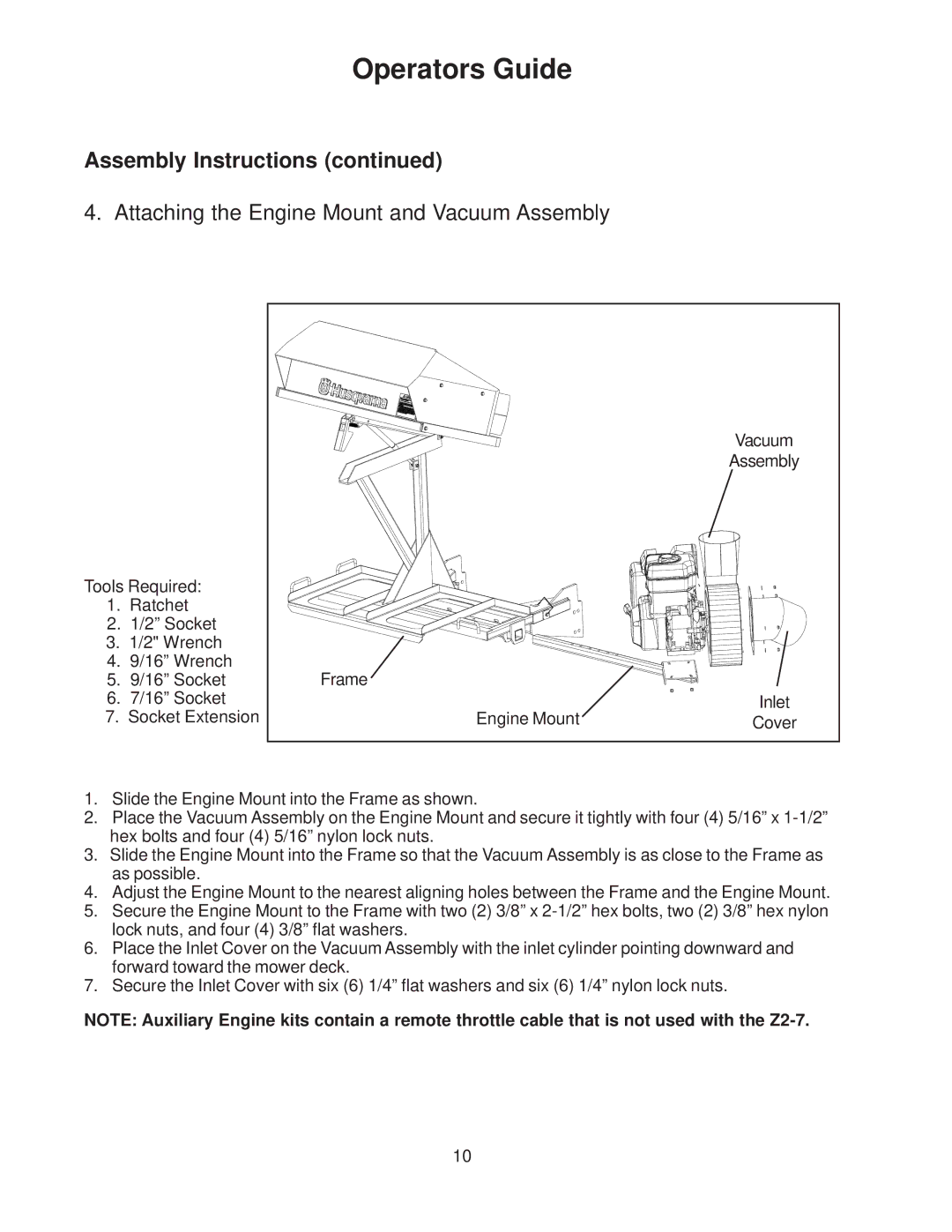 Husqvarna 540200800 system manual Attaching the Engine Mount and Vacuum Assembly 