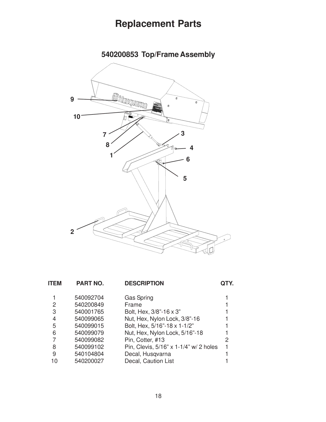 Husqvarna 540200800 system manual 540200853 Top/Frame Assembly 