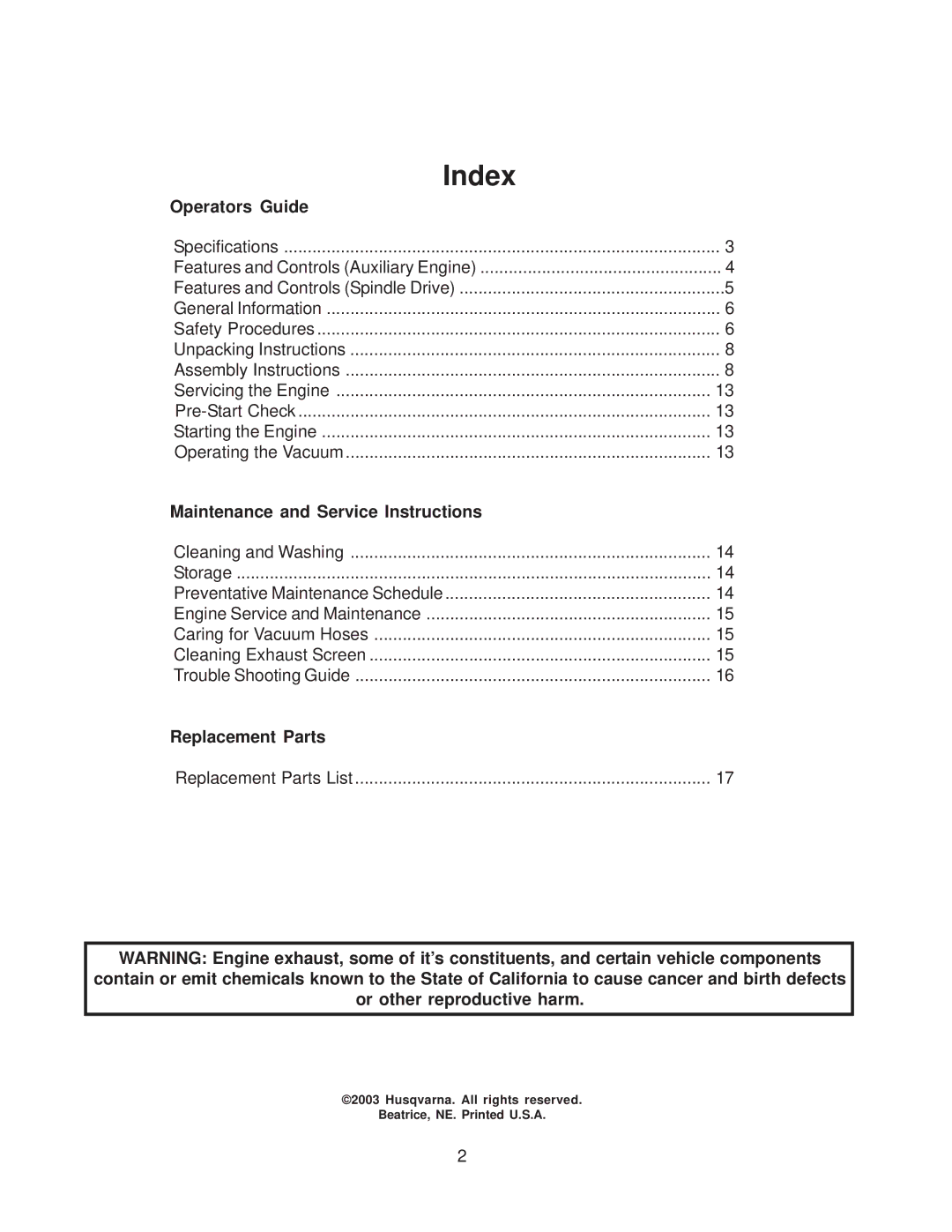 Husqvarna 540200800 system manual Index 