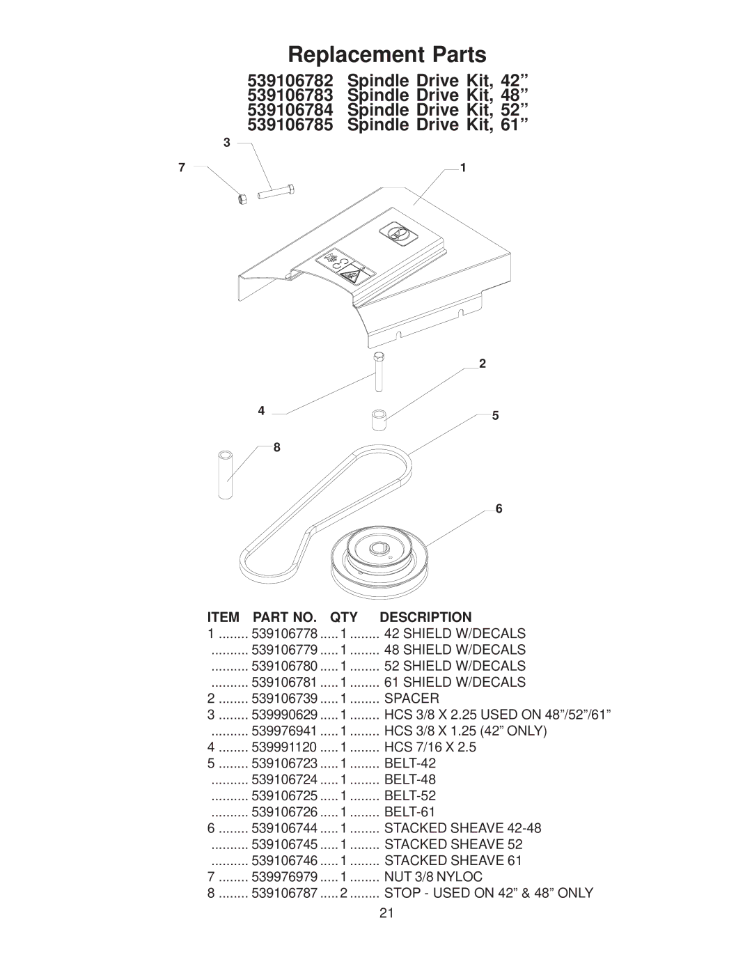 Husqvarna 540200800 system manual Spindle Drive Kit, QTY Description 