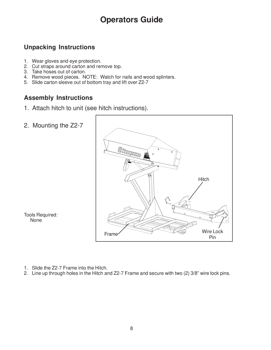 Husqvarna 540200800 system manual Unpacking Instructions, Assembly Instructions 