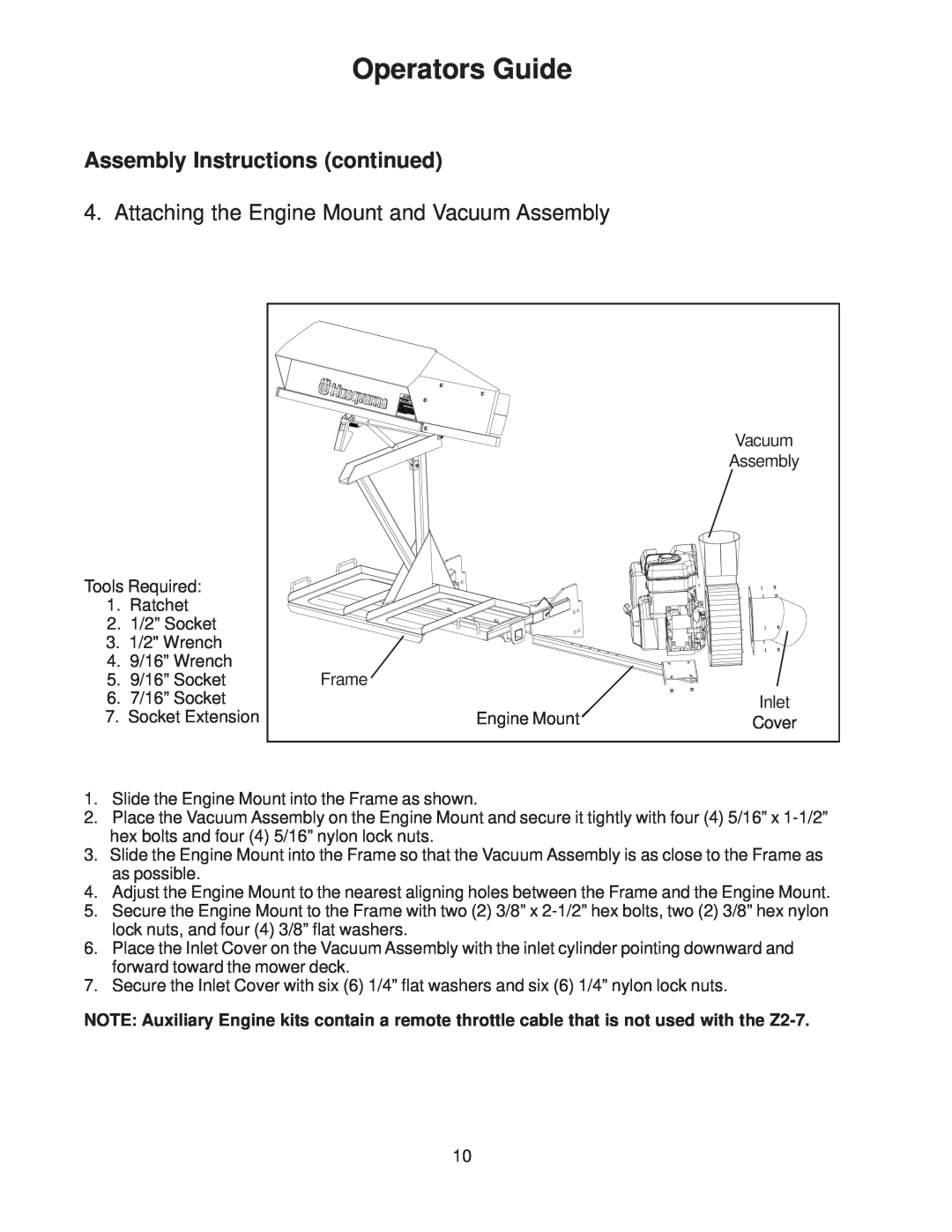 Husqvarna 540200800 Attaching the Engine Mount and Vacuum Assembly, Operators Guide, Assembly Instructions continued 