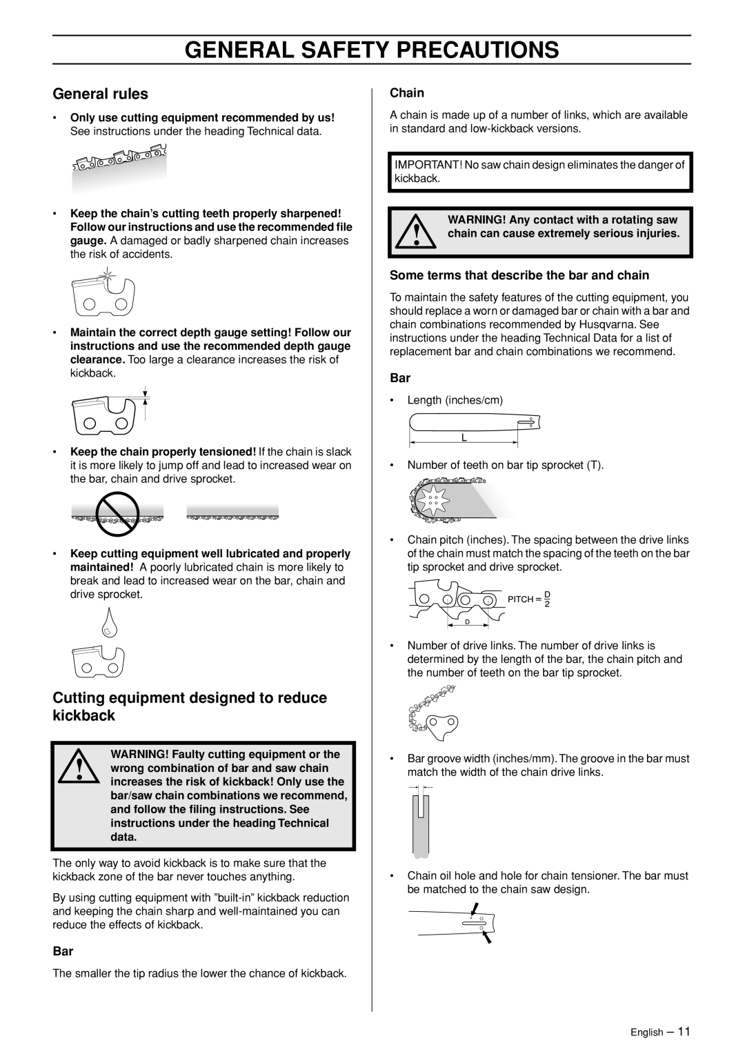 Husqvarna 55 EPA I manual General rules, Cutting equipment designed to reduce kickback, Bar, Chain 