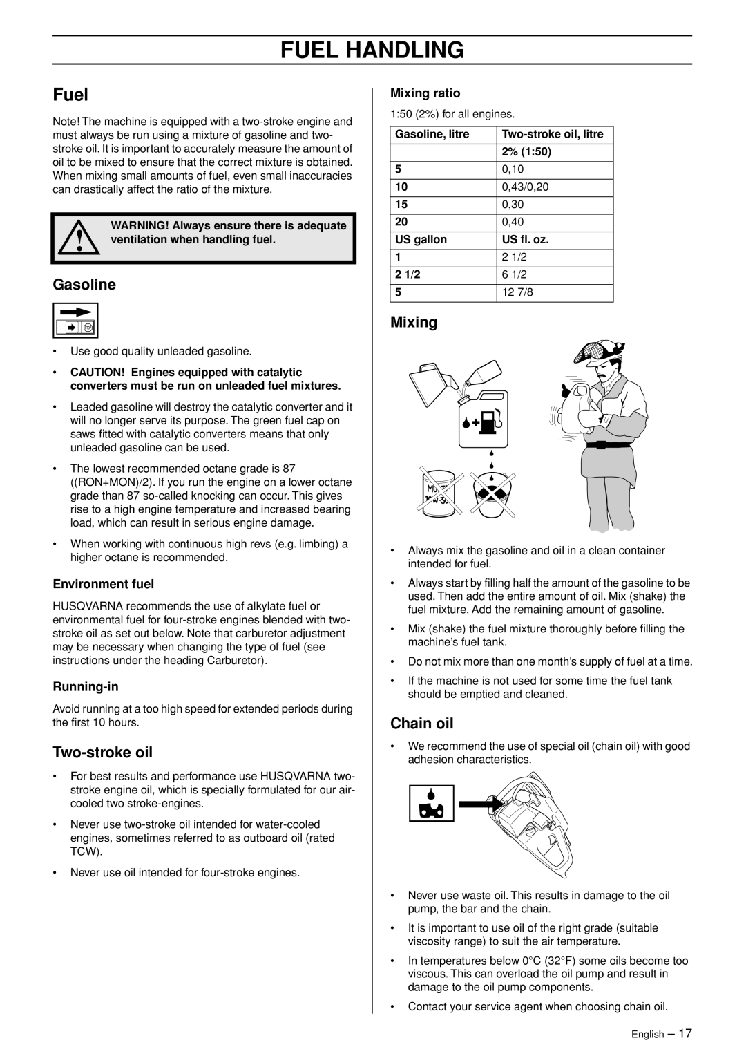 Husqvarna 55 EPA I manual Fuel Handling 