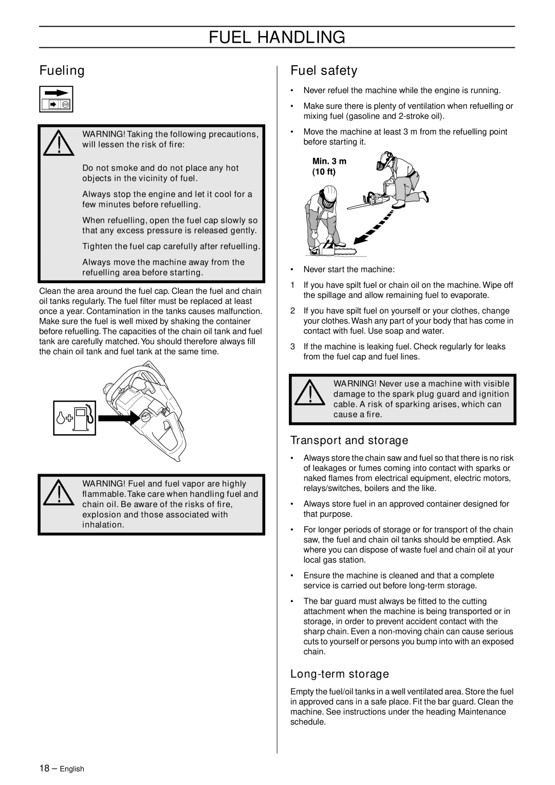 Husqvarna 55 EPA I manual Fueling, Fuel safety, Transport and storage, Long-term storage 