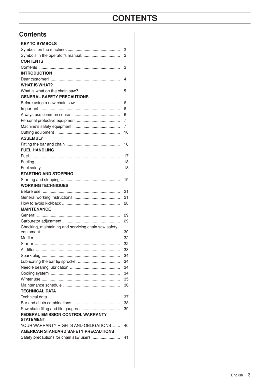 Husqvarna 55 EPA I manual Contents 