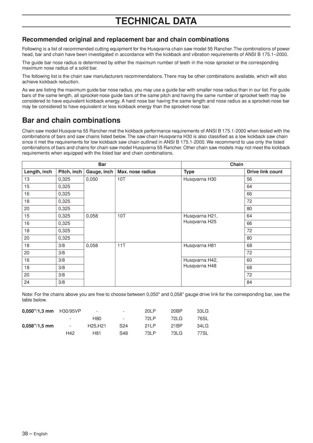 Husqvarna 55 EPA I manual Bar and chain combinations 