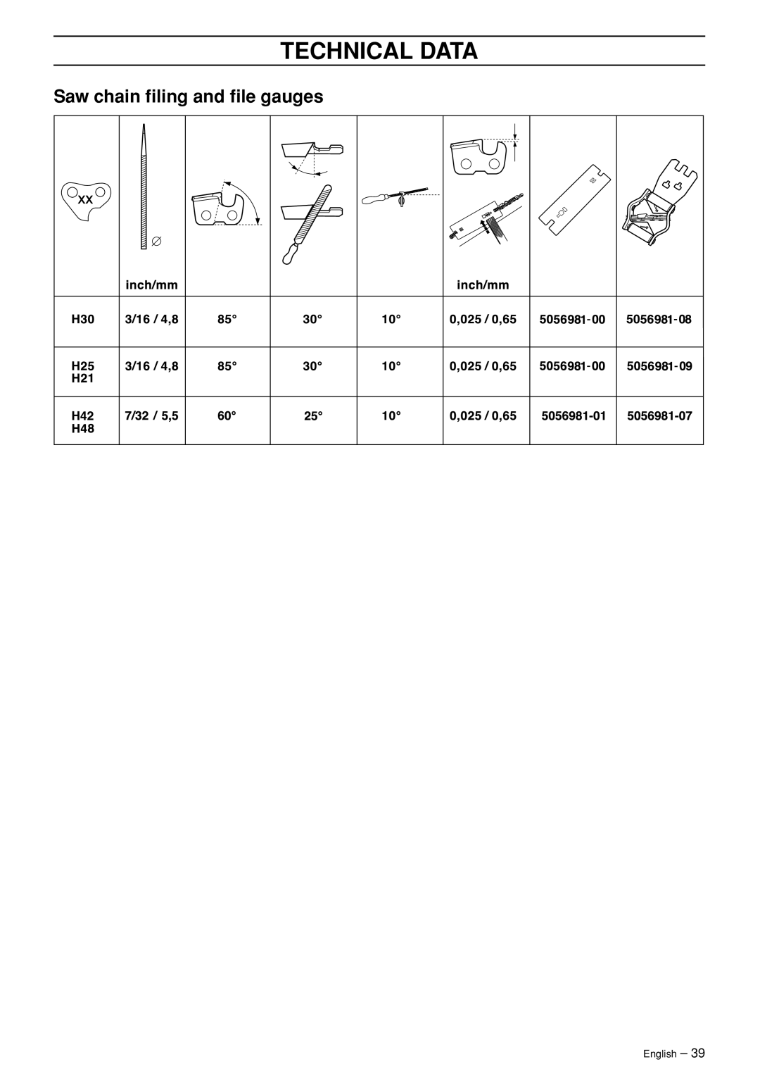 Husqvarna 55 EPA I manual Saw chain ﬁling and ﬁle gauges 