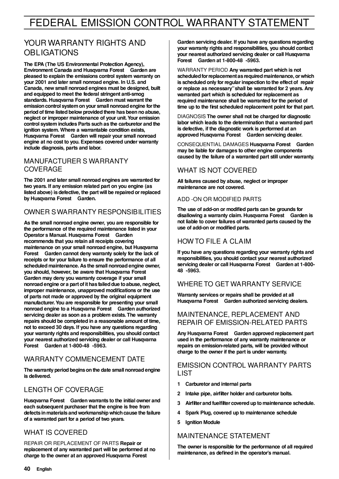 Husqvarna 55 EPA I manual Federal Emission Control Warranty Statement, Your Warranty Rights and Obligations 