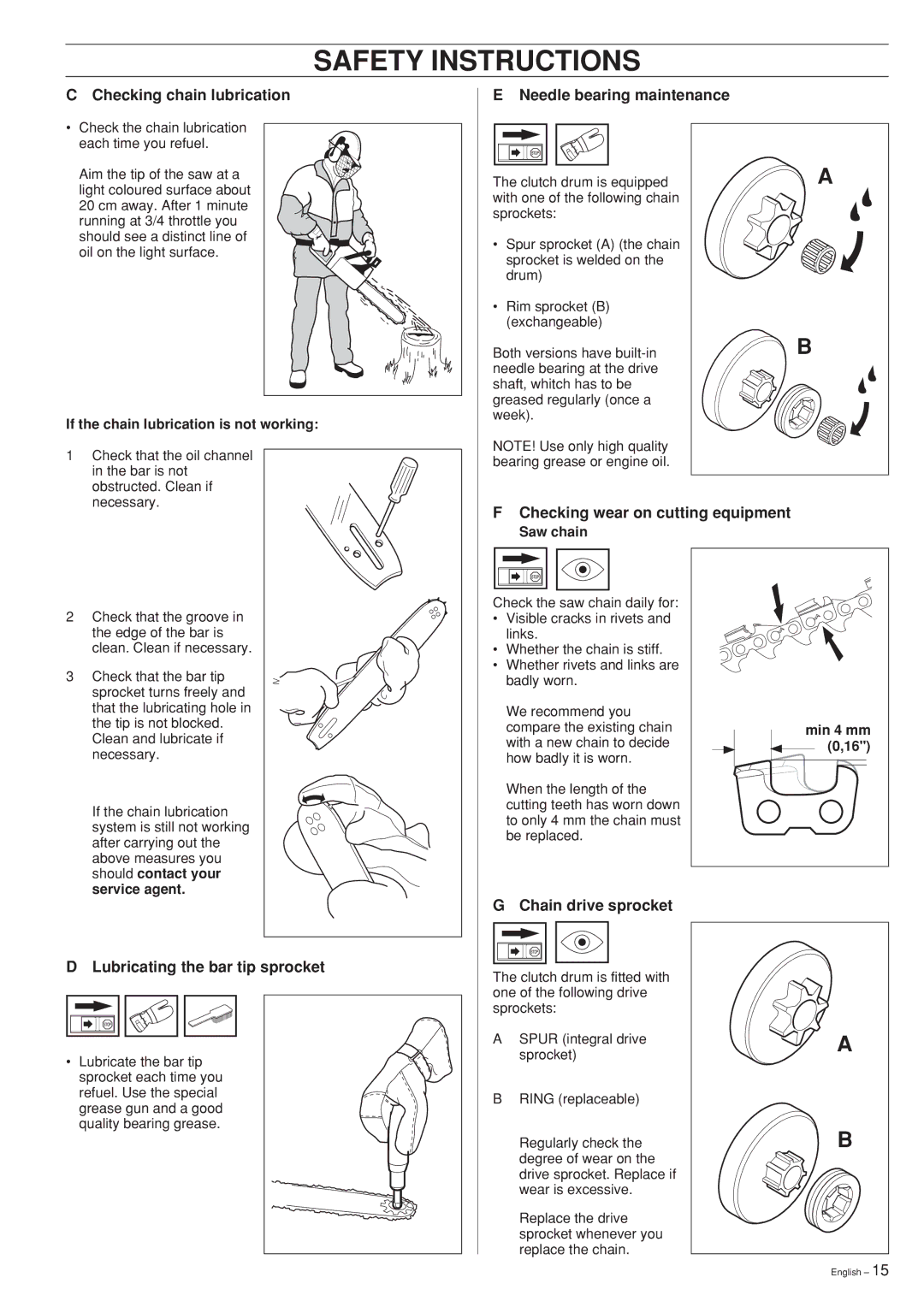 Husqvarna 55 Rancher manual Checking chain lubrication Needle bearing maintenance, Checking wear on cutting equipment 