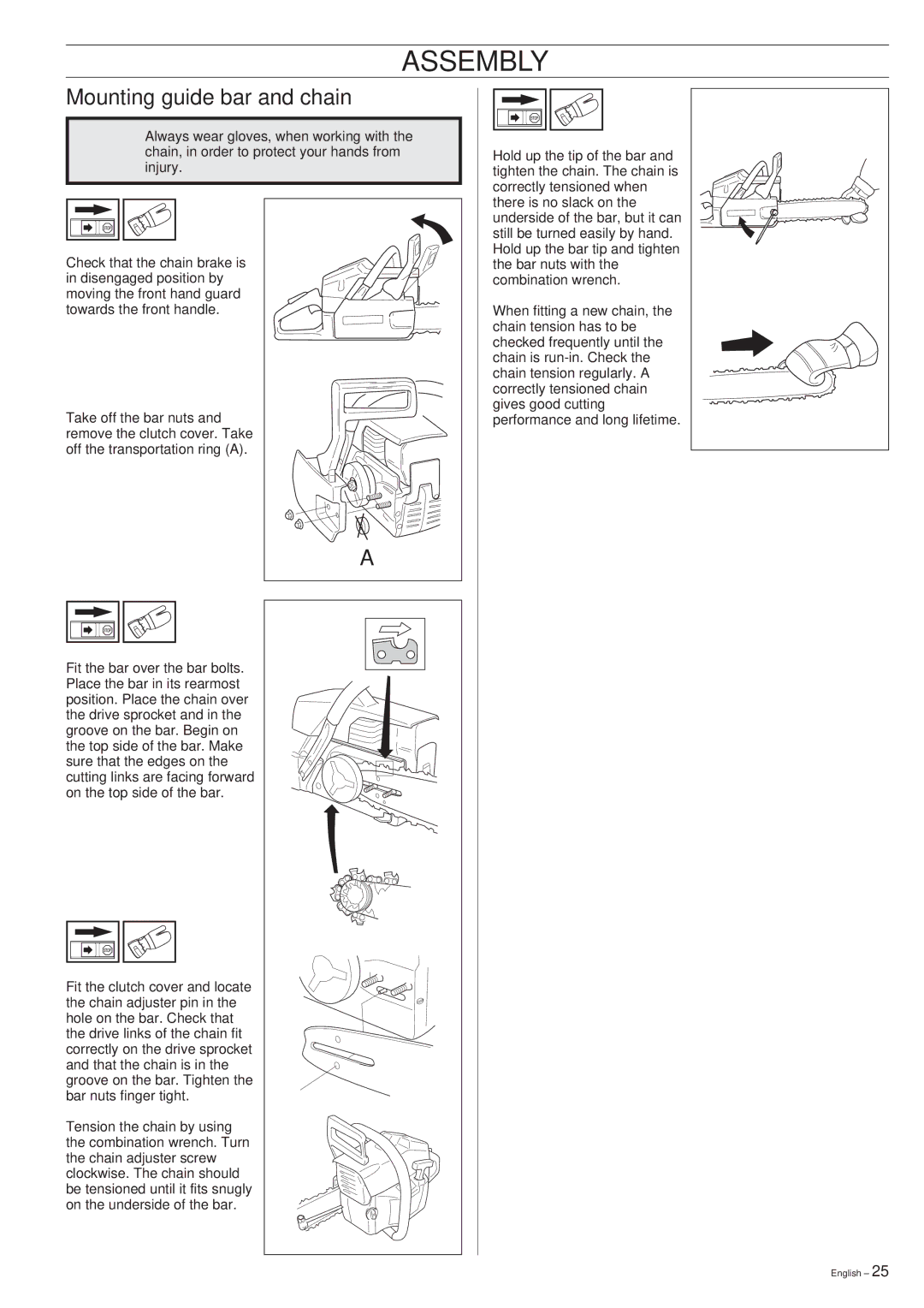 Husqvarna 55 Rancher manual Assembly, Mounting guide bar and chain 