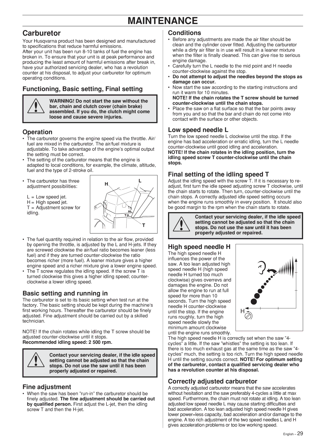 Husqvarna 55 Rancher manual Maintenance, Carburetor 