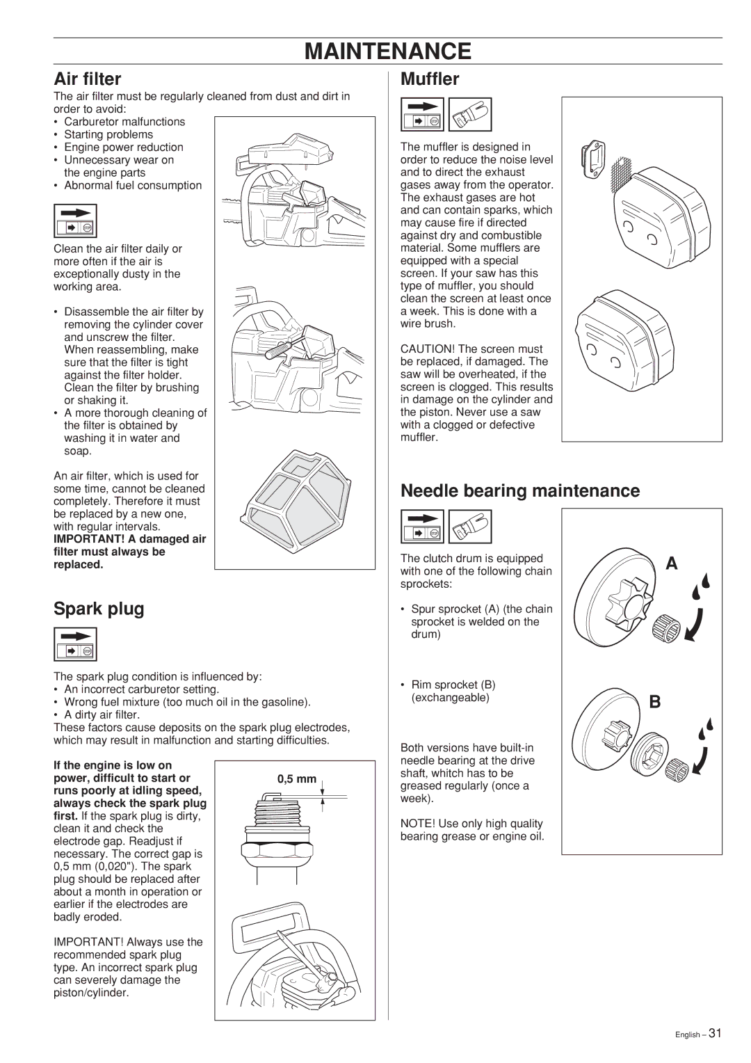 Husqvarna 55 Rancher manual Air filter, Muffler, Needle bearing maintenance, Spark plug 