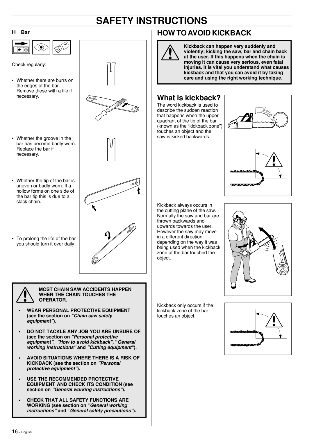 Husqvarna 55 Rancher manual Safety Instructions, How To Avoid Kickback, What is kickback?, H Bar 
