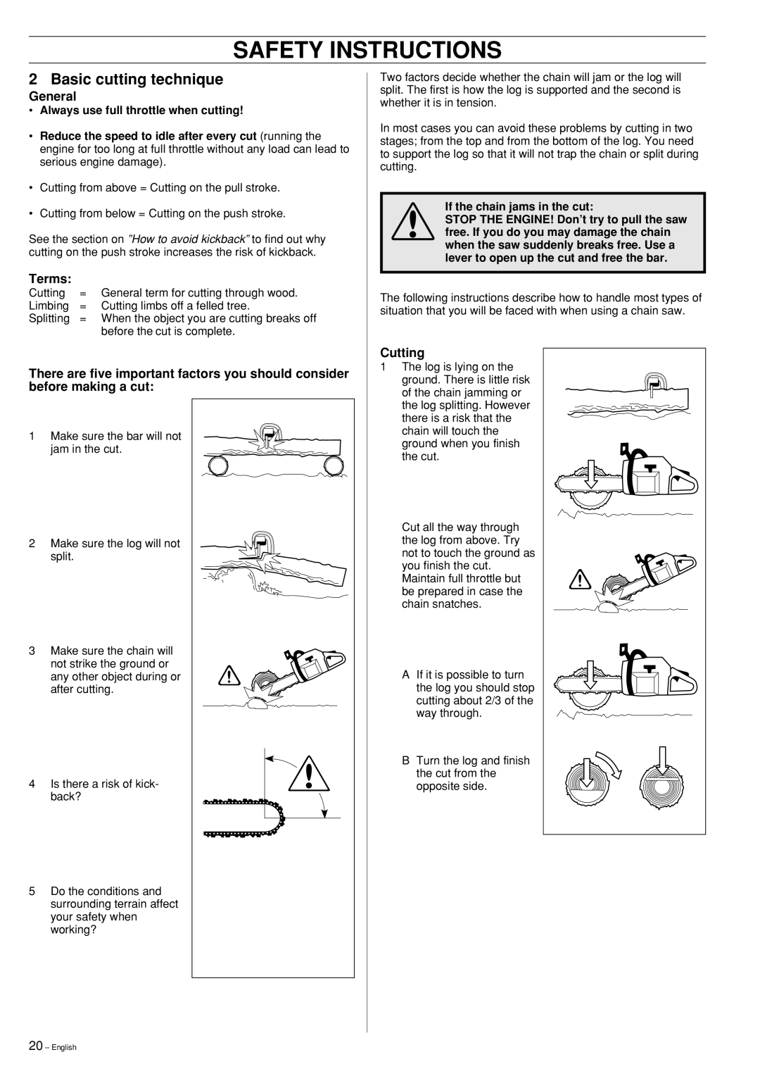 Husqvarna 55 Rancher Safety Instructions, Basic cutting technique, General, Terms, Cutting, If the chain jams in the cut 