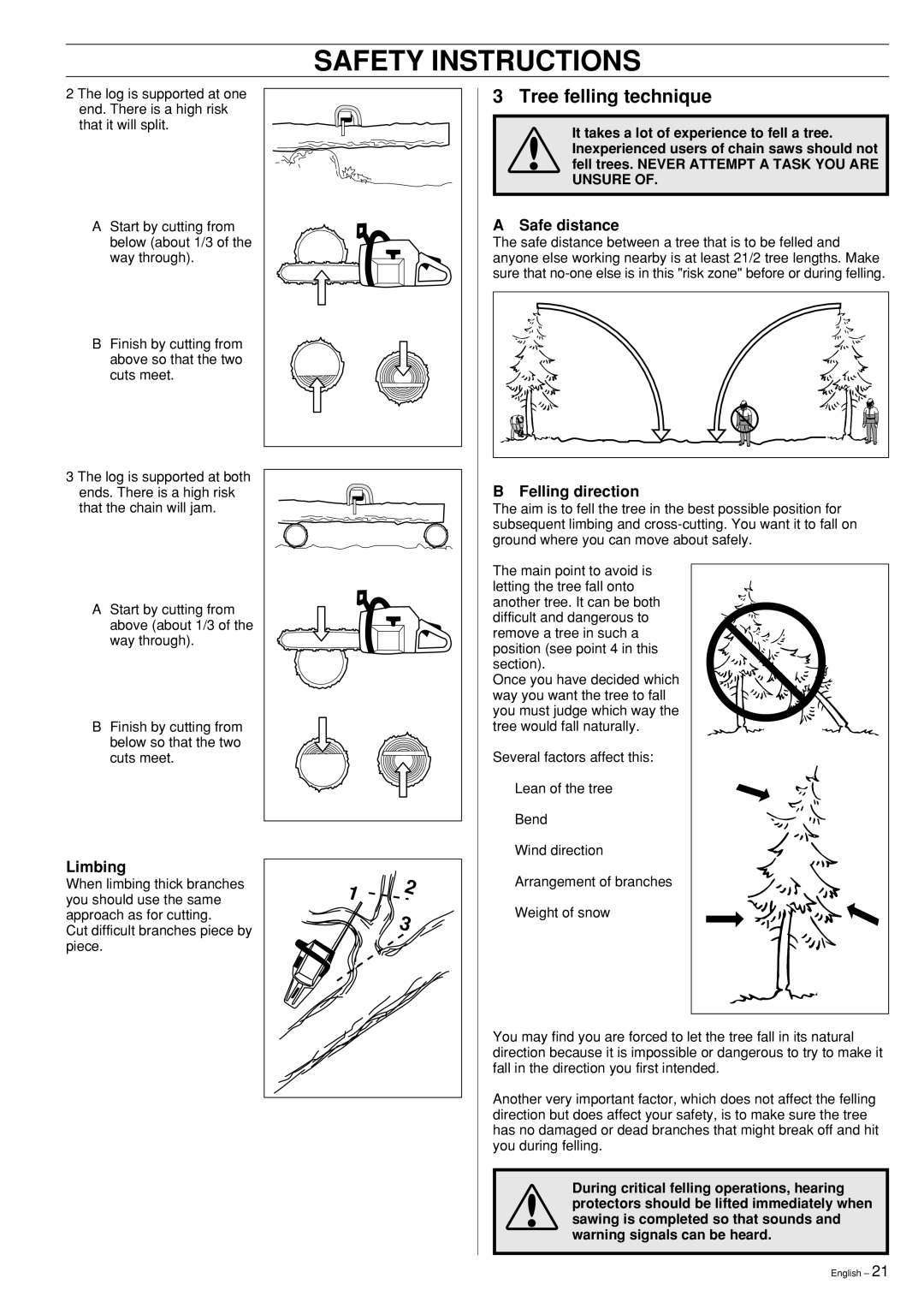 Husqvarna 55 Rancher manual Safety Instructions, Tree felling technique, A Safe distance, Limbing, B Felling direction 