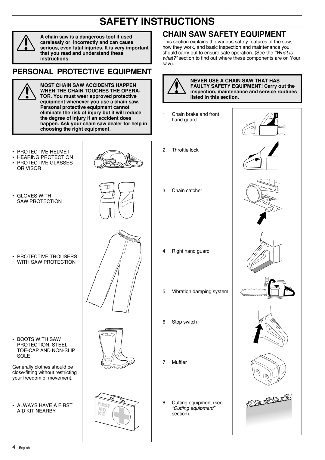 Husqvarna 55 Rancher manual Safety Instructions, Personal Protective Equipment, Chain Saw Safety Equipment 