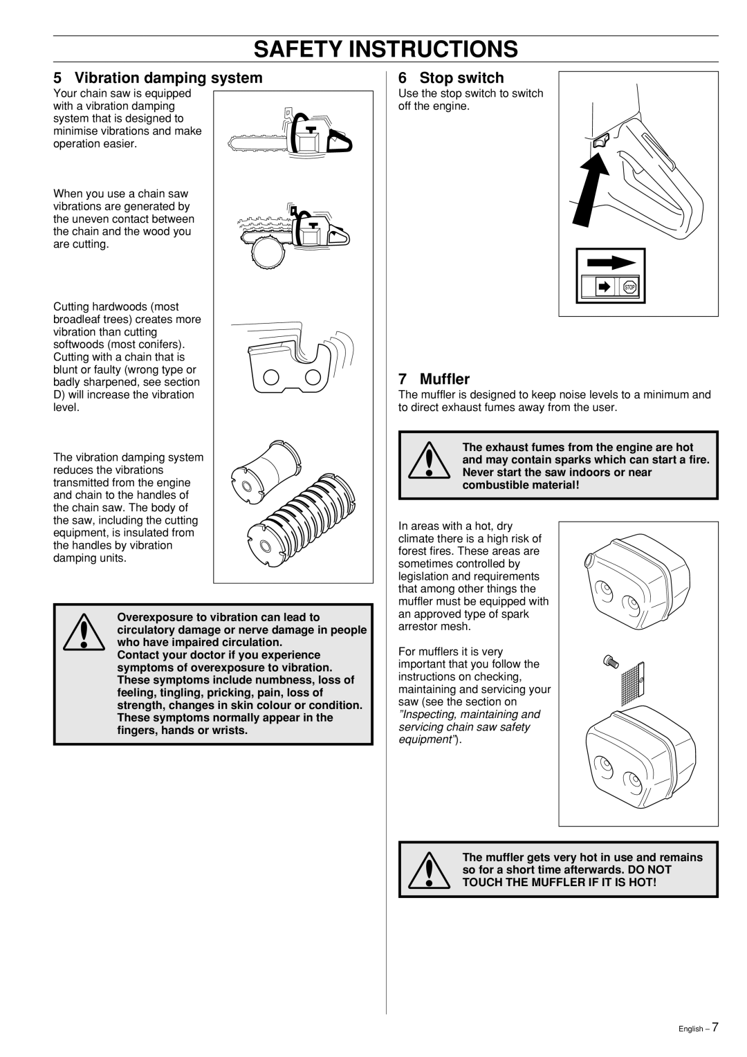 Husqvarna 55 Rancher manual Safety Instructions, Vibration damping system, Stop switch, Muffler 