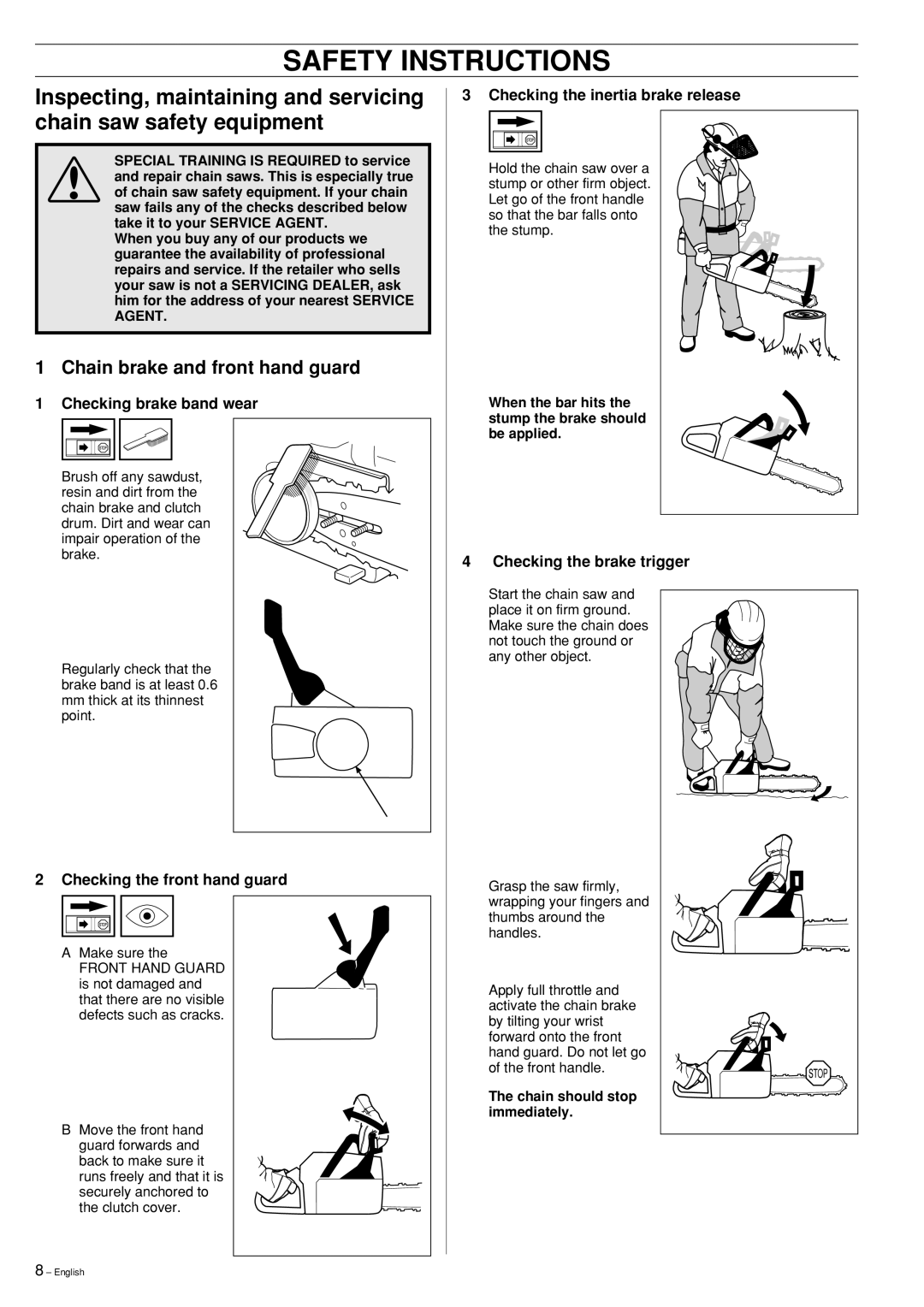 Husqvarna 55 Rancher manual Safety Instructions, Inspecting, maintaining and servicing chain saw safety equipment 
