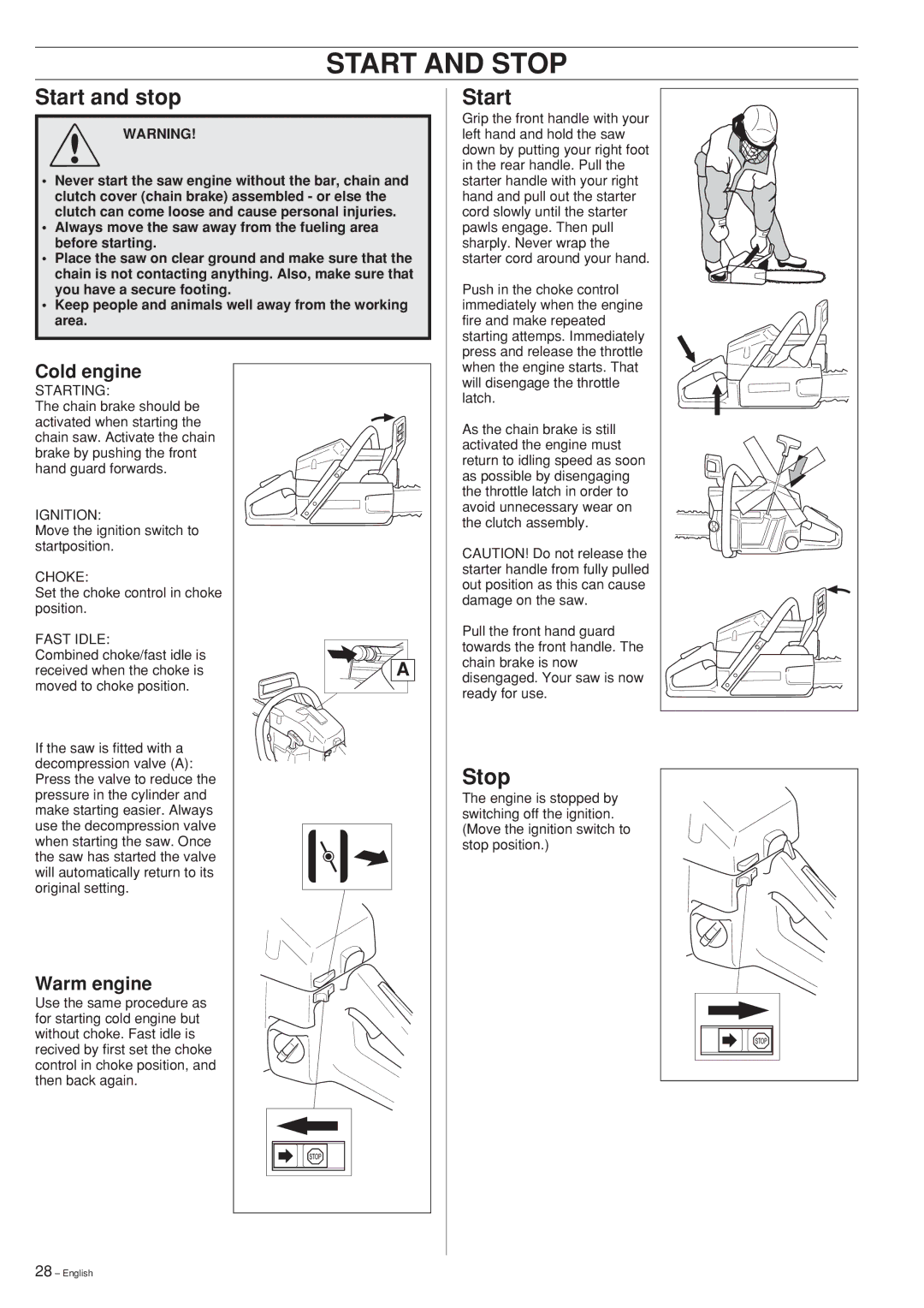 Husqvarna 55 manual Start and Stop, Cold engine, Warm engine 