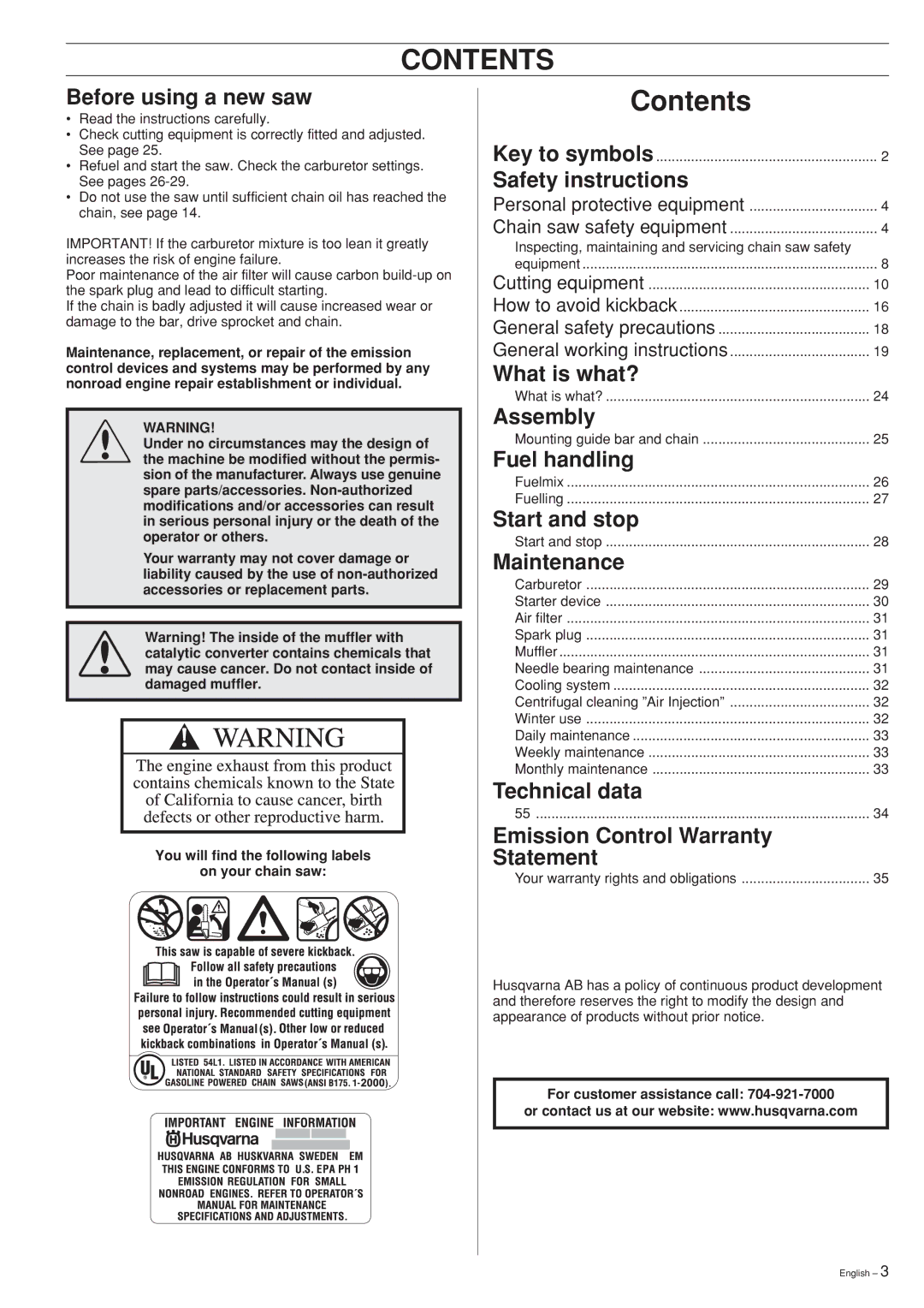 Husqvarna 55 manual Contents 