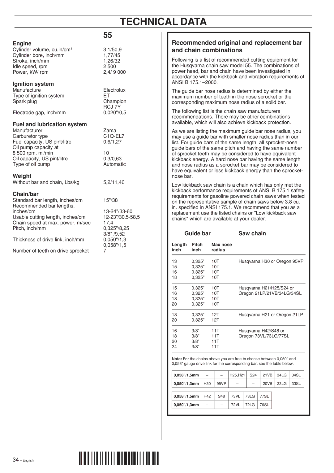 Husqvarna 55 manual Technical Data 