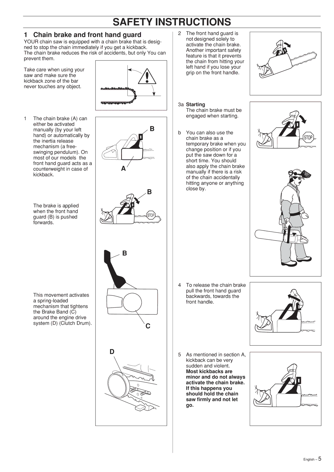 Husqvarna 55 manual Chain brake and front hand guard, 3a Starting 