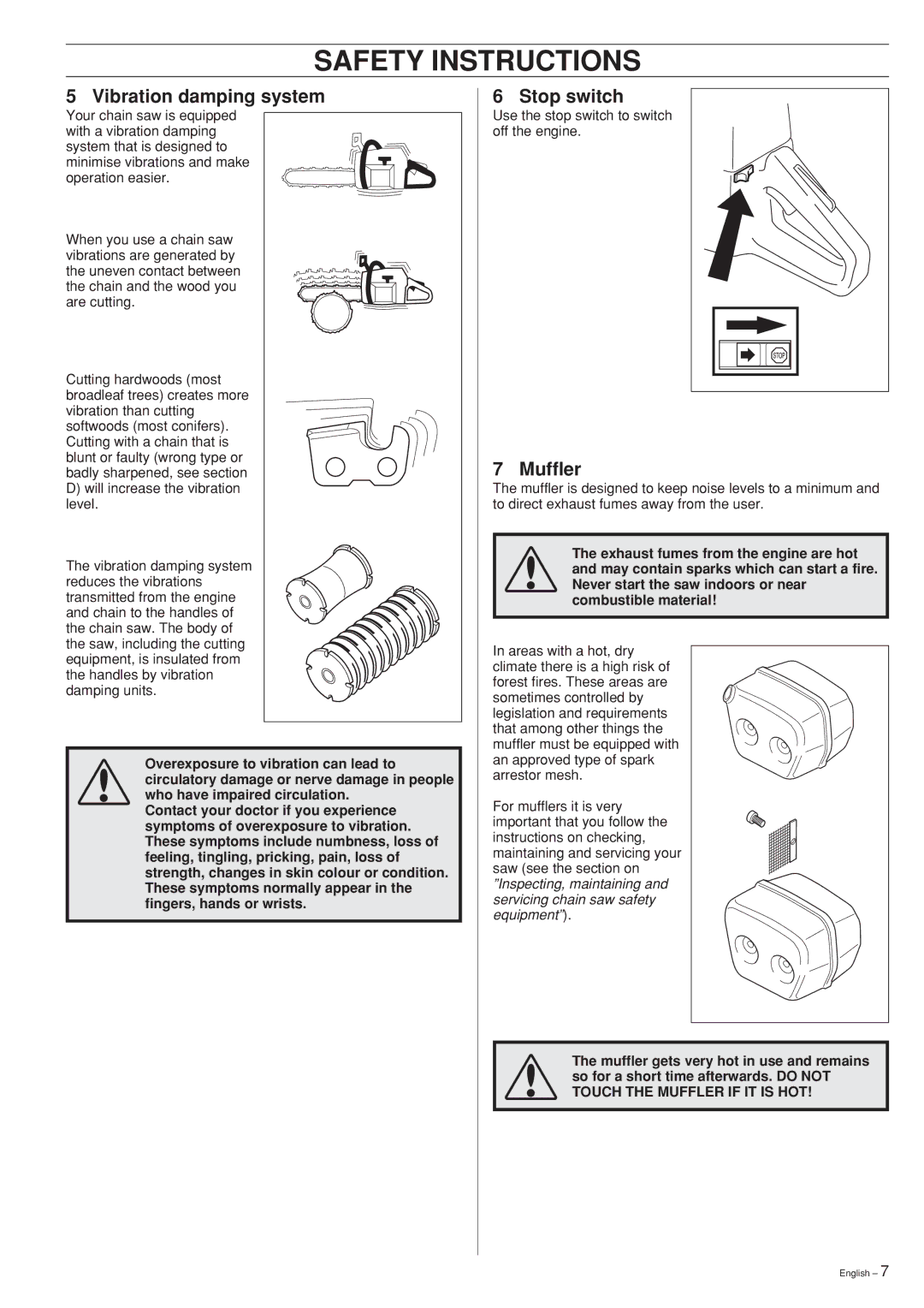 Husqvarna 55 manual Vibration damping system, Stop switch, Muffler 