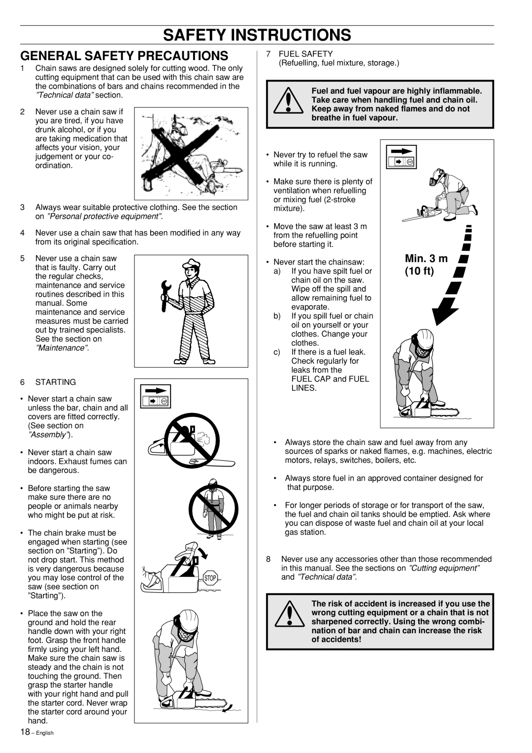 Husqvarna 55 manual Safety Instructions, General Safety Precautions, Min. 3 m, 10 ft 