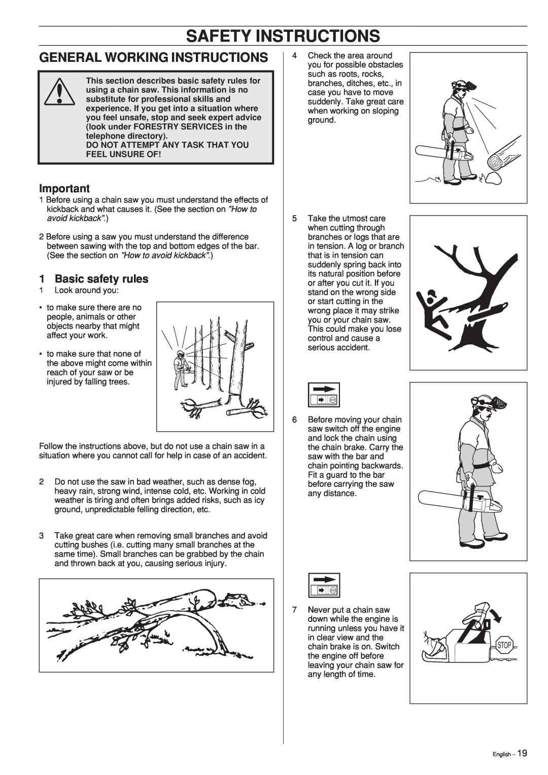 Husqvarna 55 manual Safety Instructions, General Working Instructions, Basic safety rules 
