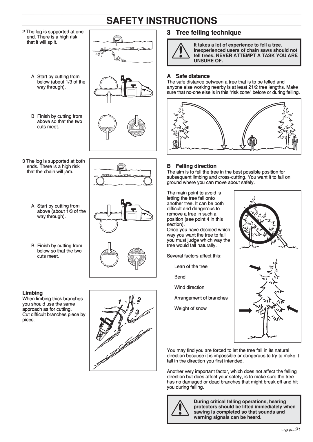 Husqvarna 55 manual Safety Instructions, Tree felling technique, A Safe distance, Limbing, B Felling direction 