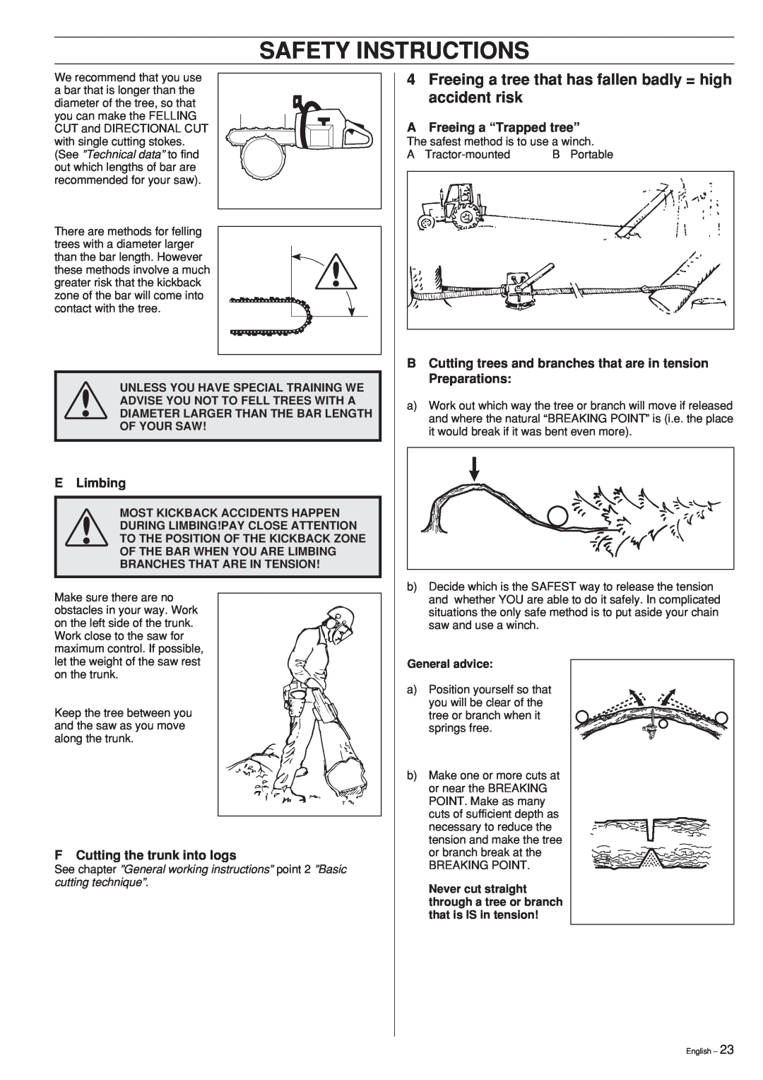 Husqvarna 55 Safety Instructions, Freeing a tree that has fallen badly = high accident risk, E Limbing, General advice 