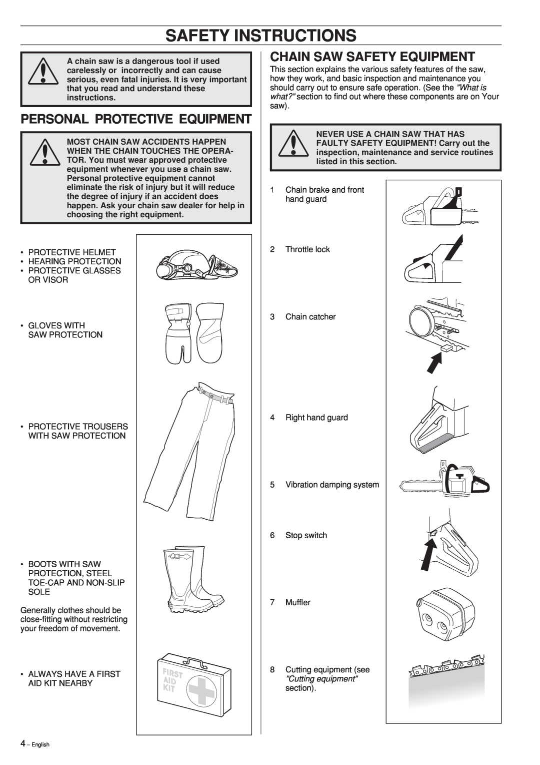 Husqvarna 55 manual Safety Instructions, Personal Protective Equipment, Chain Saw Safety Equipment 